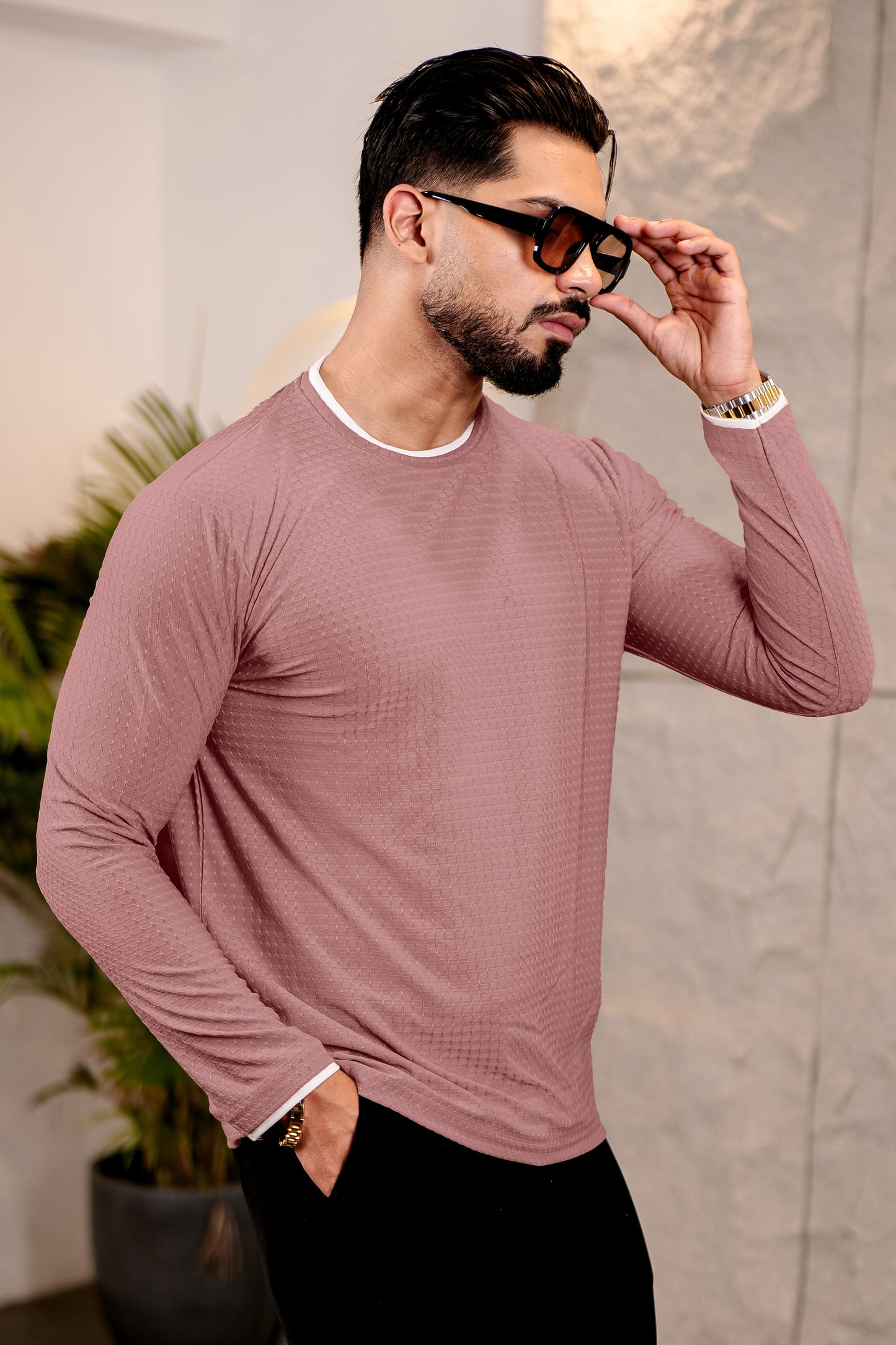 TOM MILTON Mens Dark Pink Color Round Neck Full Sleeve Tshirt