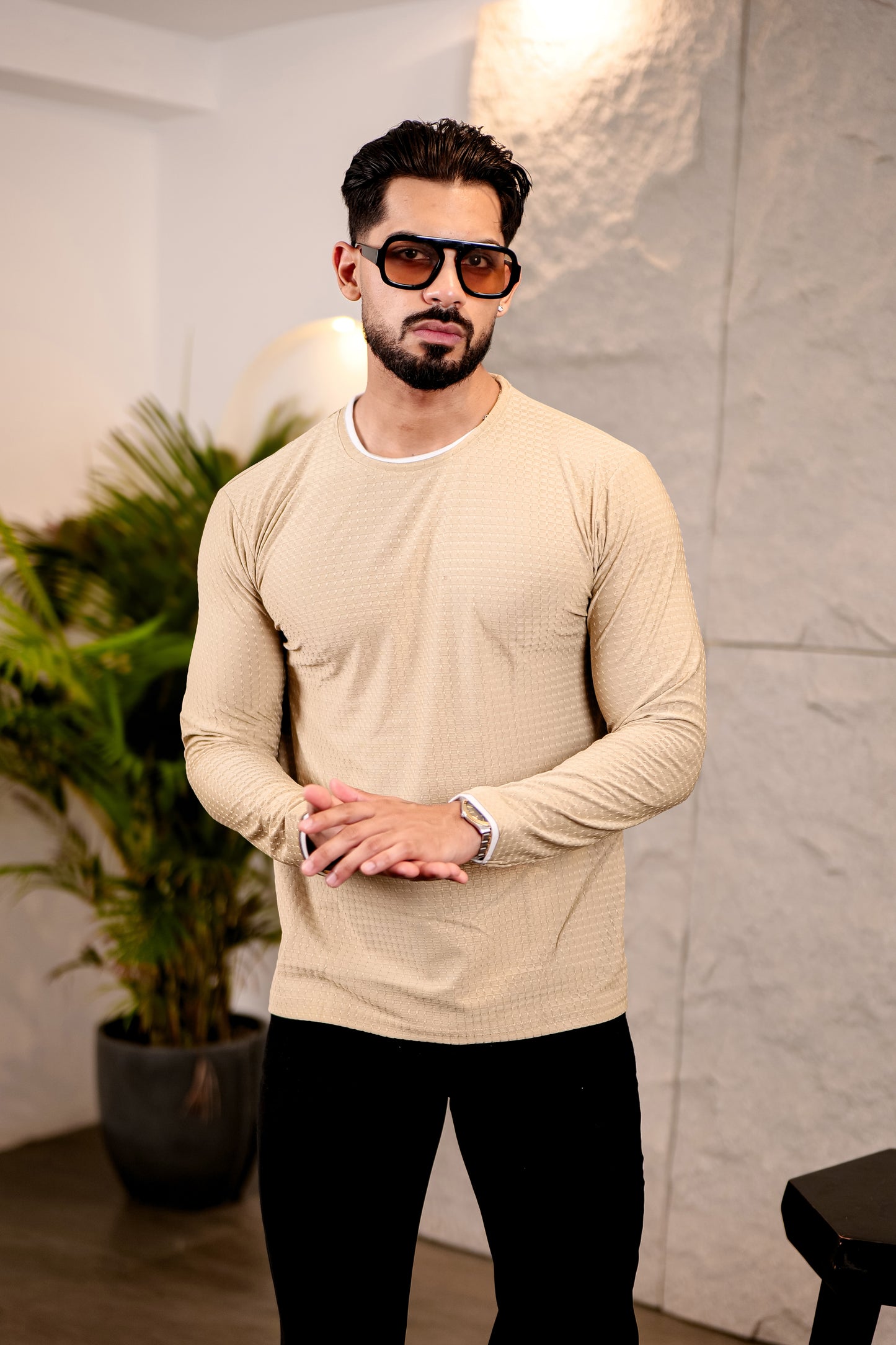 TOM MILTON Mens Cream Color Round Neck Full Sleeve Tshirt