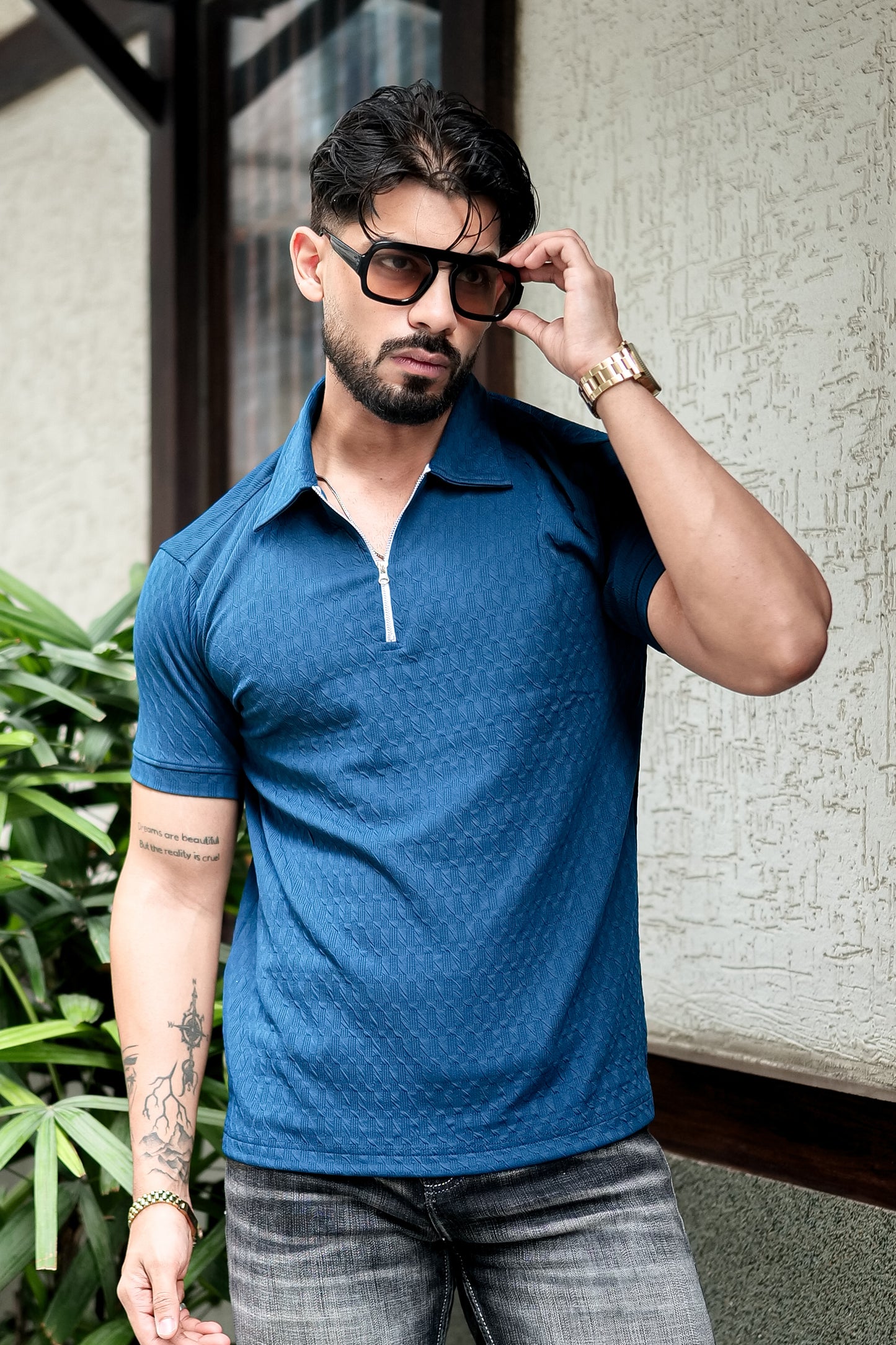 TOM MILTON Dark Blue Color textured Polo Collar Polyester  T-shirt