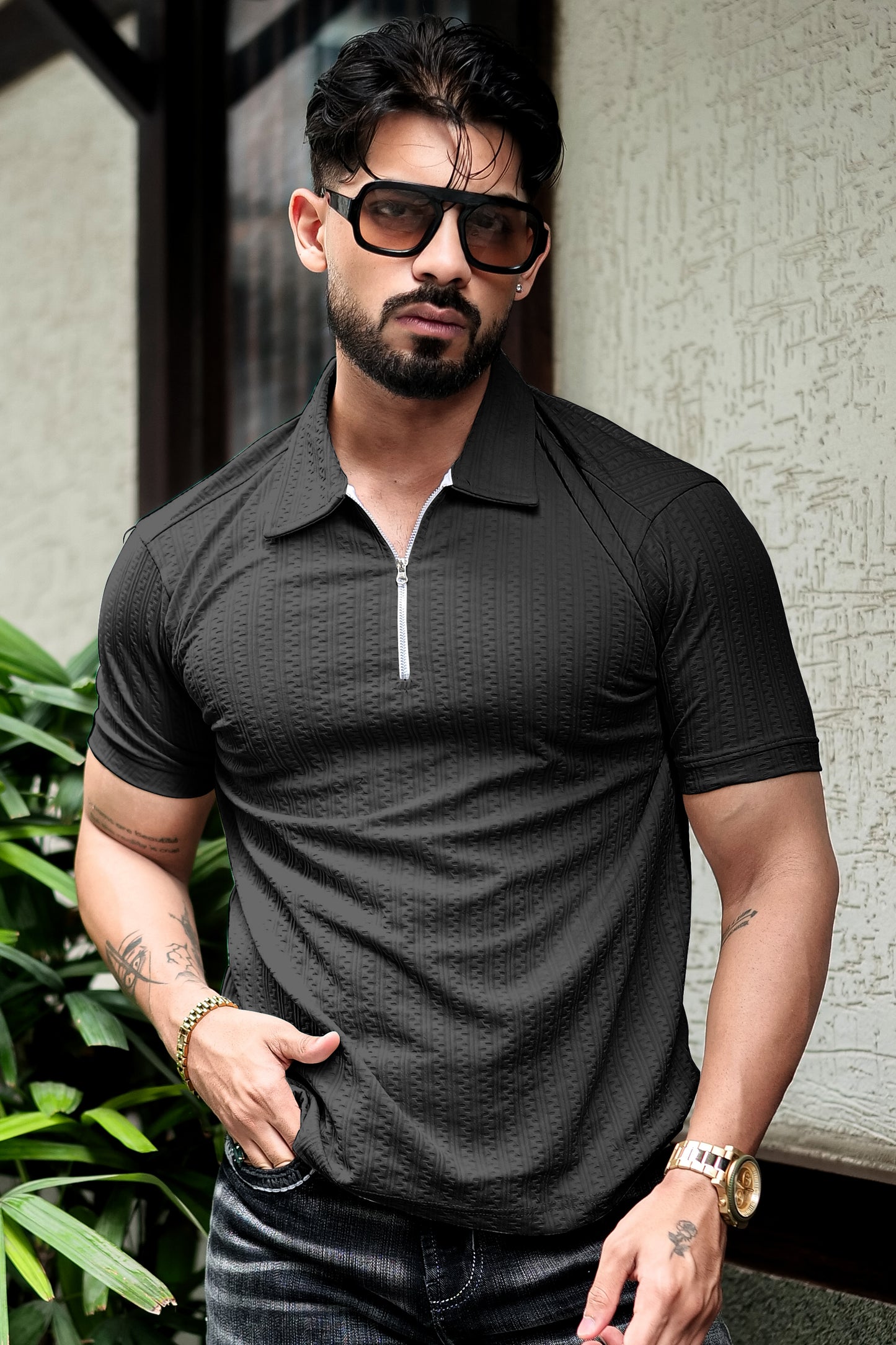 TOM MILTON Black Color  textured Zipper Polo Collar Polyester  T-shirt