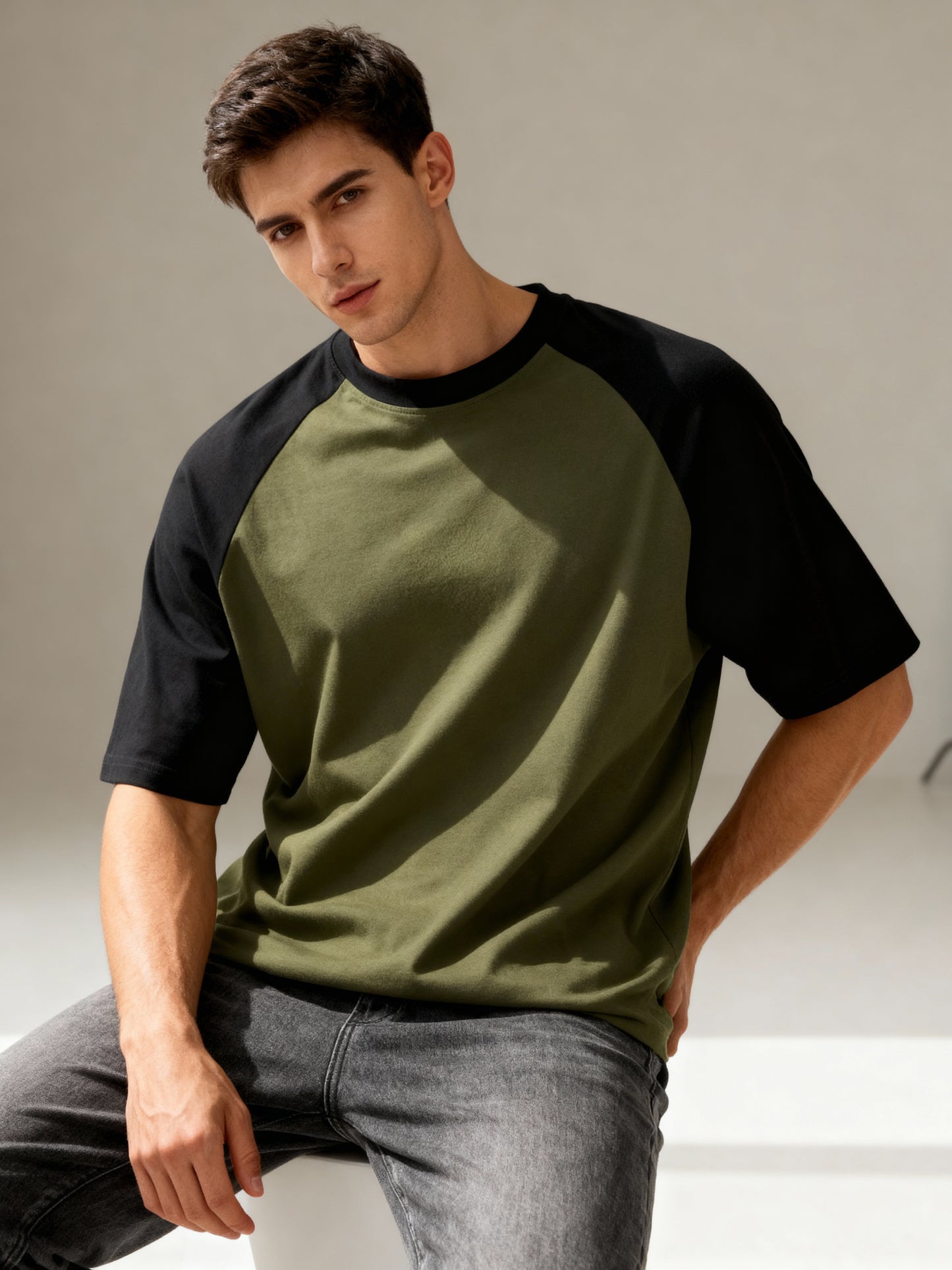 TOM MILTON Men's Olive Green Raglan Sleeve Round Neck T-Shirt for Men
