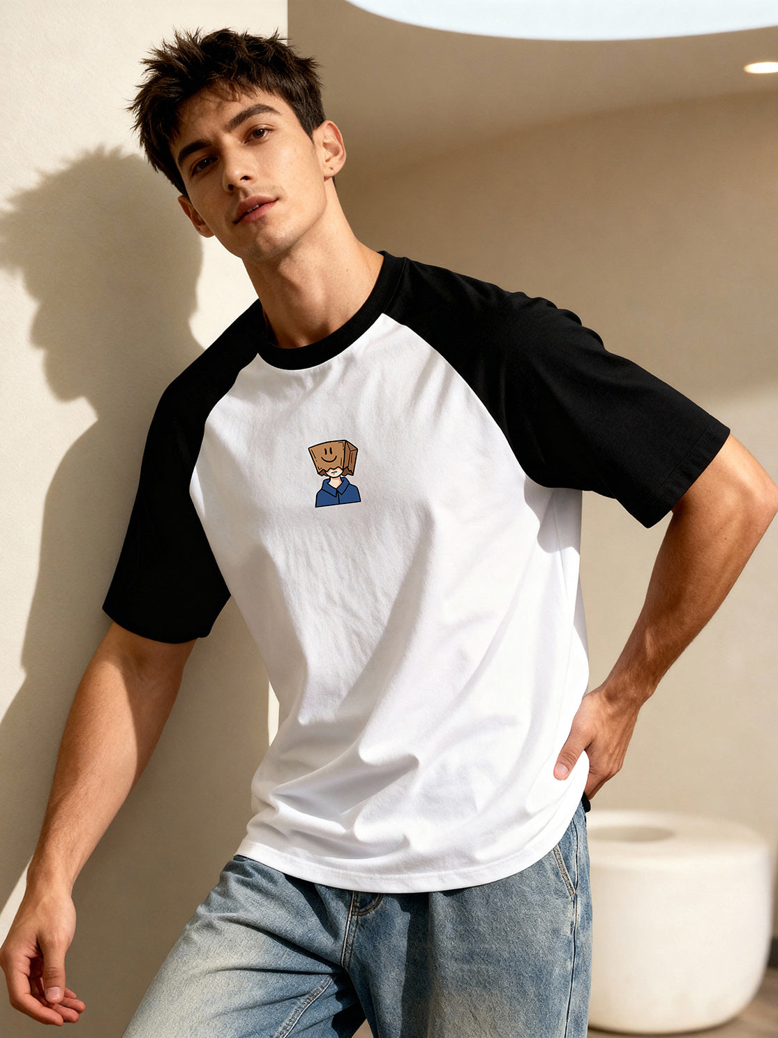 TOM MILTON Men's White Raglan Sleeve Round Neck T-Shirt for Men