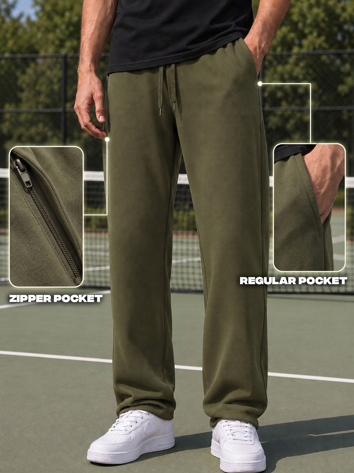 TOM MILTON Men Olive Green Solid Mid-Rise Pure Cotton Baggy Track Pant