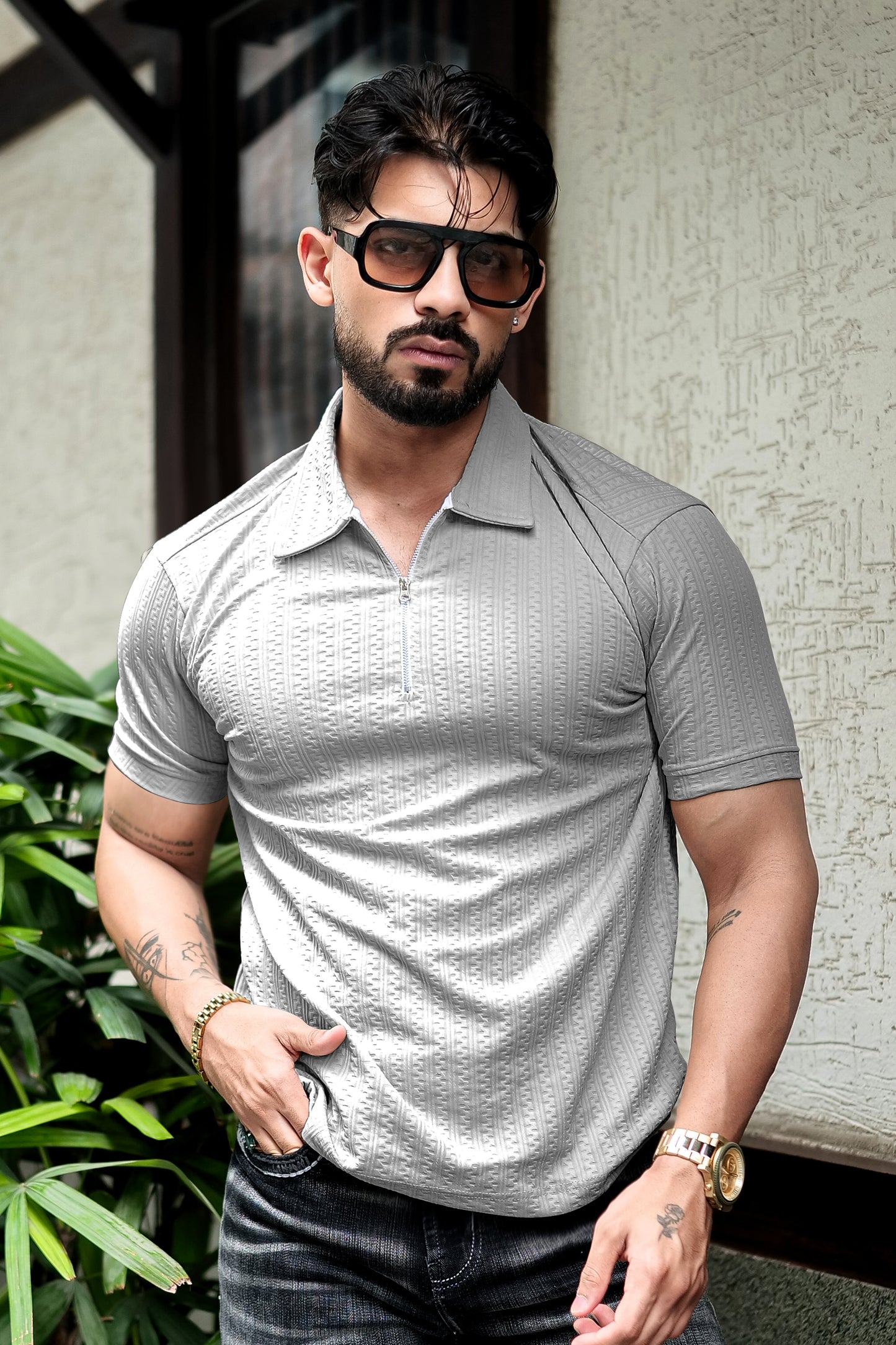TOM MILTON Grey Color  textured Zipper Polo Collar Polyester  T-shirt