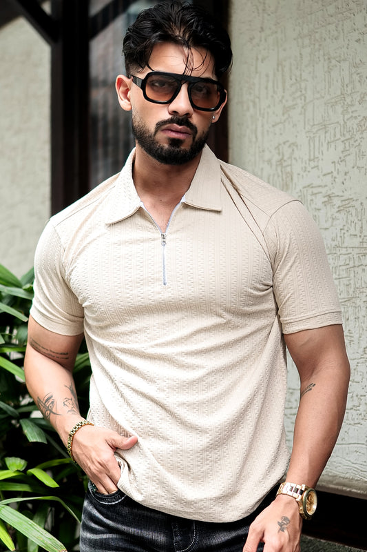 TOM MILTON Cream Color  textured Zipper Polo Collar Polyester  T-shirt