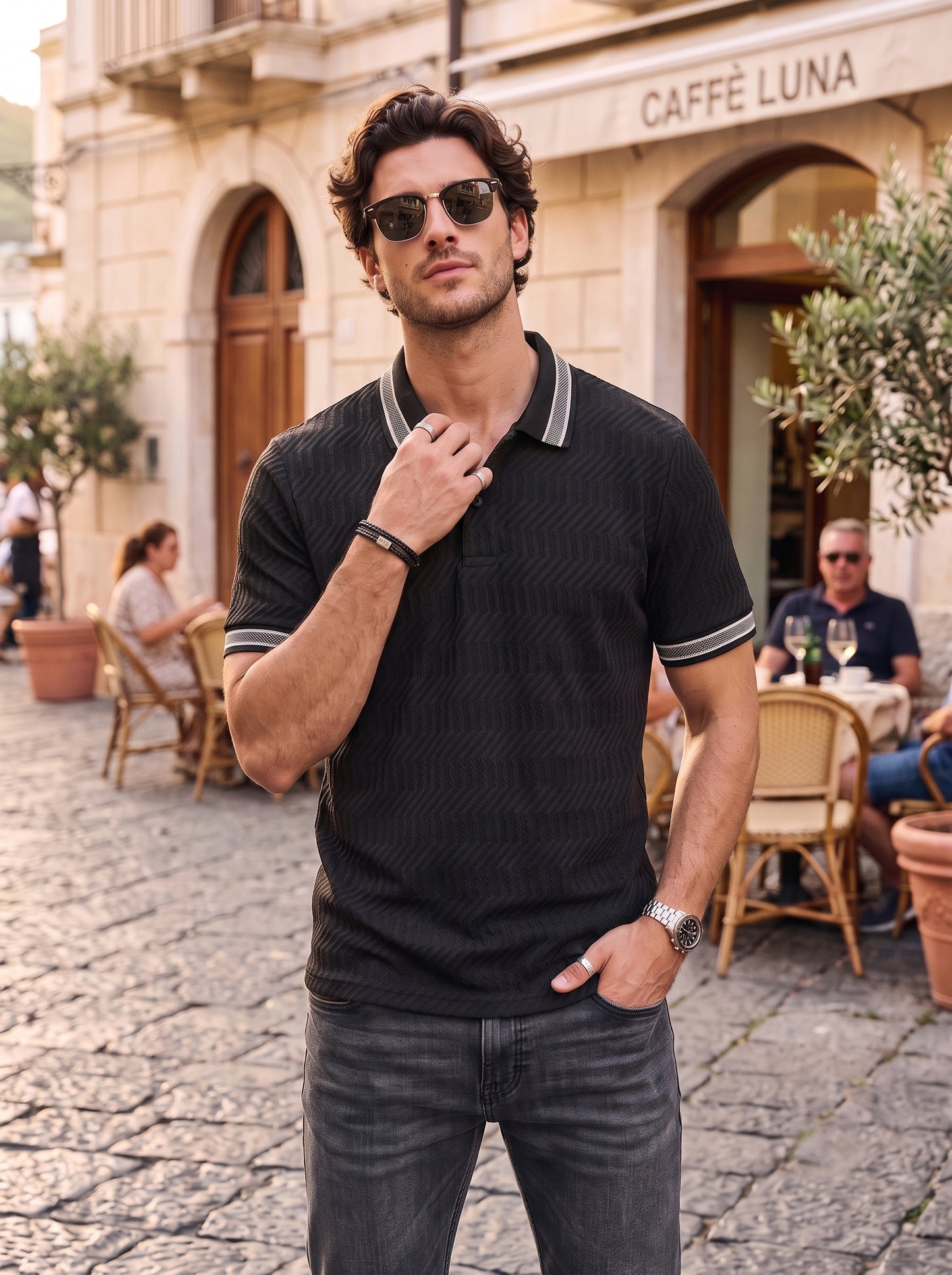 TOM MILTON Men's Textured Polyester Polo T-Shirt Regular Fit Polo Neck Tshirts for Men Black