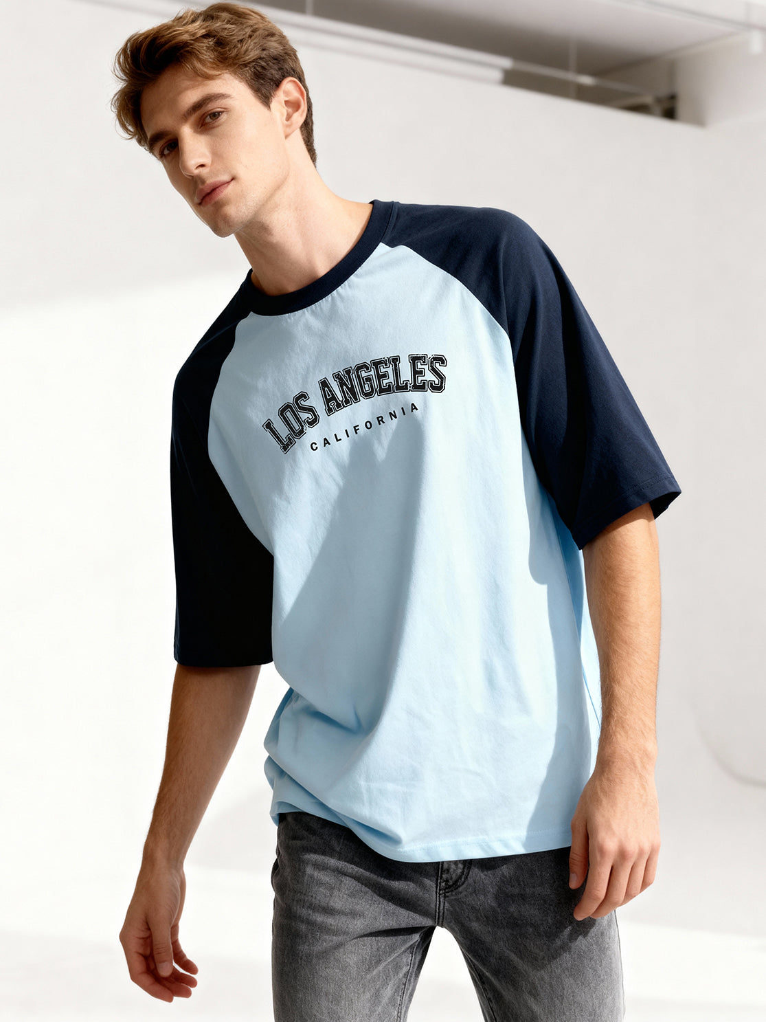TOM MILTON Men's Blue Raglan Sleeve Round Neck T-Shirt for Men