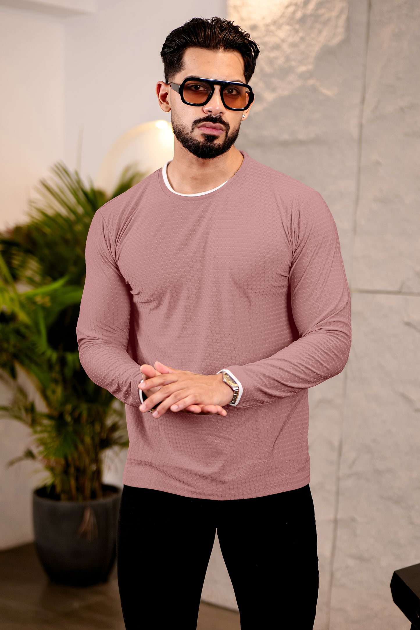 TOM MILTON Mens Dark Pink Color Round Neck Full Sleeve Tshirt
