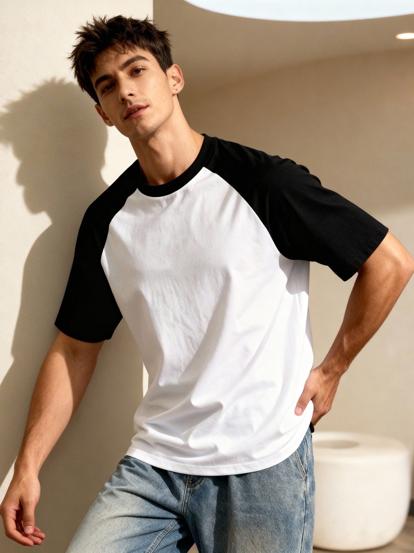 TOM MILTON Men's White Raglan Sleeve Round Neck T-Shirt for Men