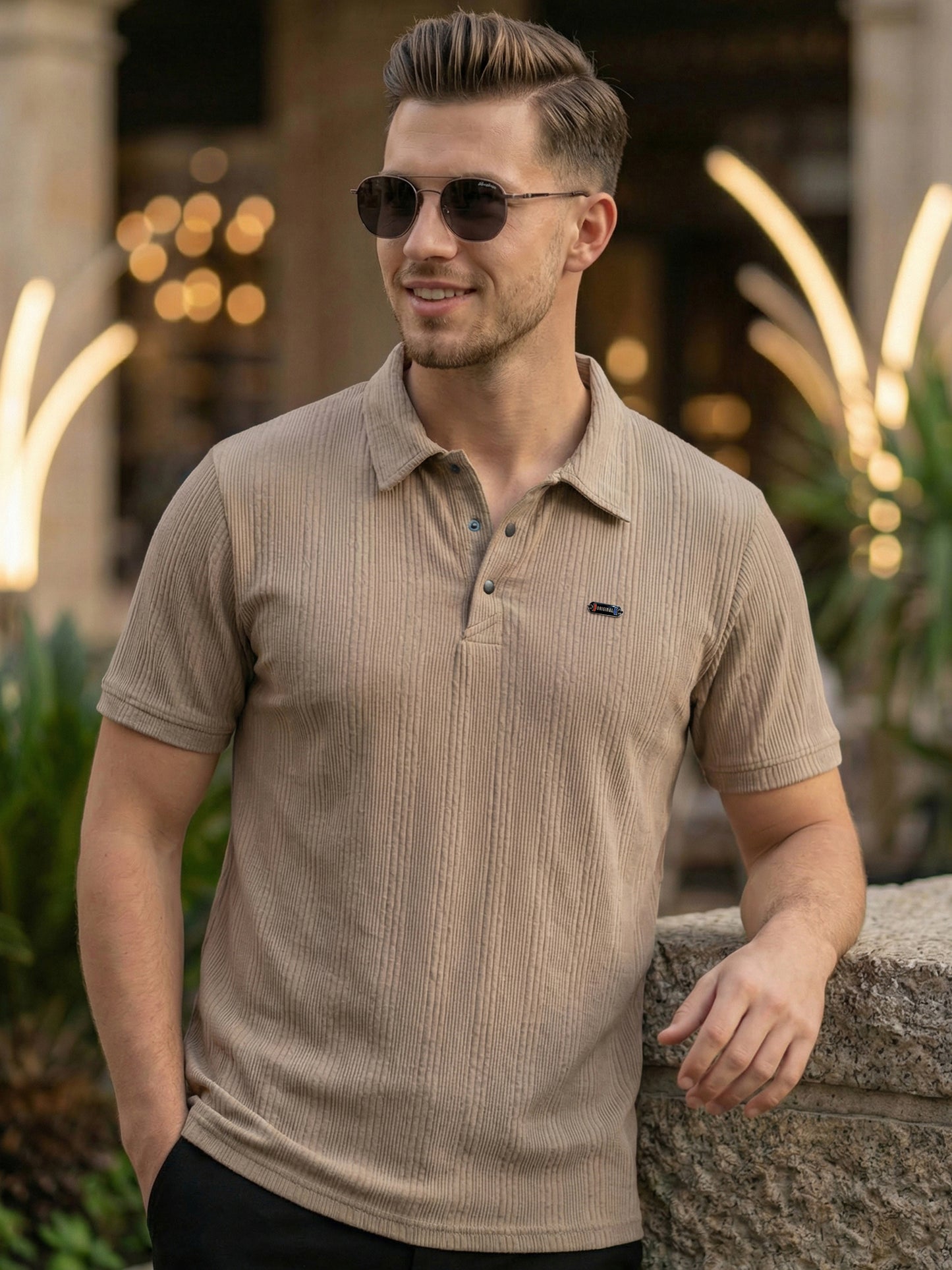 TOM MILTON Men Beige Color Half Sleeve Snap Button Polo Tshirt