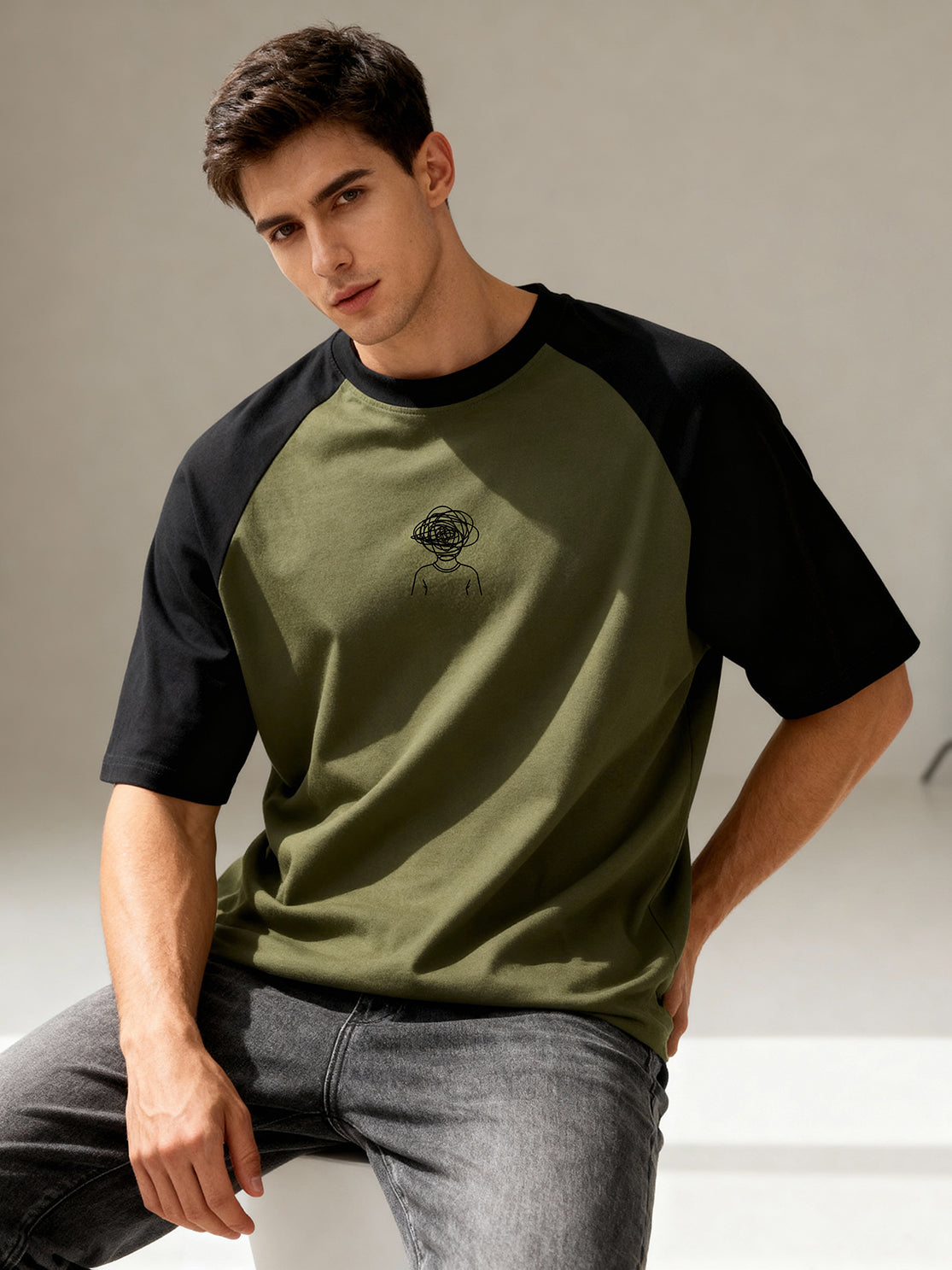 TOM MILTON Men's Green Raglan Sleeve Round Neck T-Shirt for Men