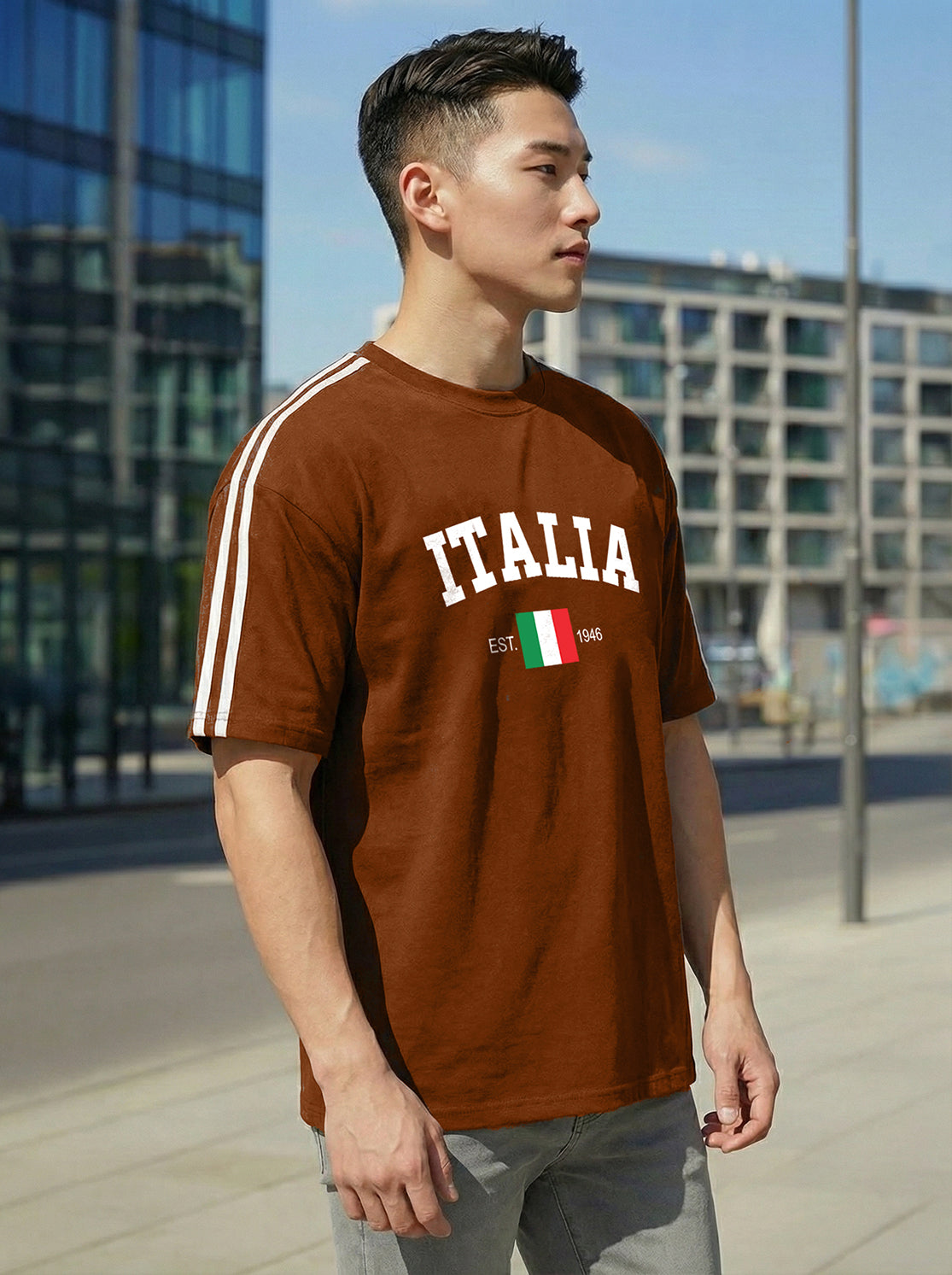 TOM MILTON Men Brown Color Round Neck Half Sleeve Net Folding Oversiozed Tshirt