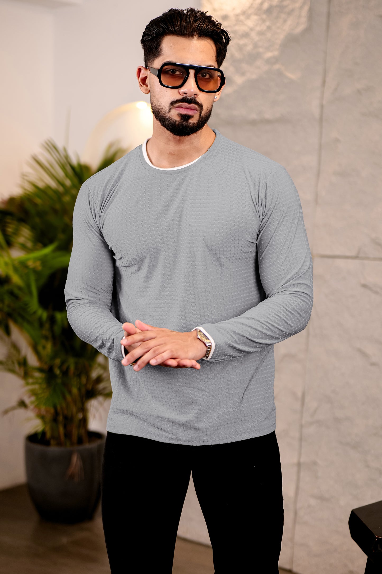 TOM MILTON Mens Grey Color Round Neck Full Sleeve Tshirt