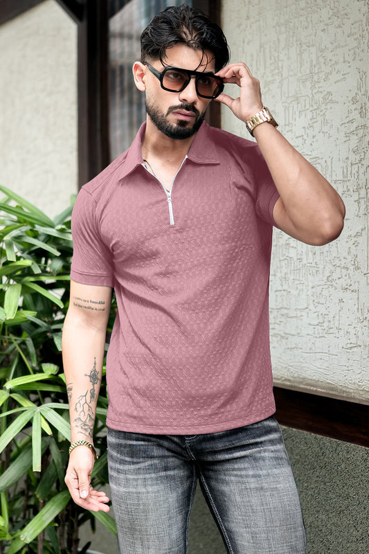 TOM MILTON Dark Pink Color textured Polo Collar Polyester  T-shirt