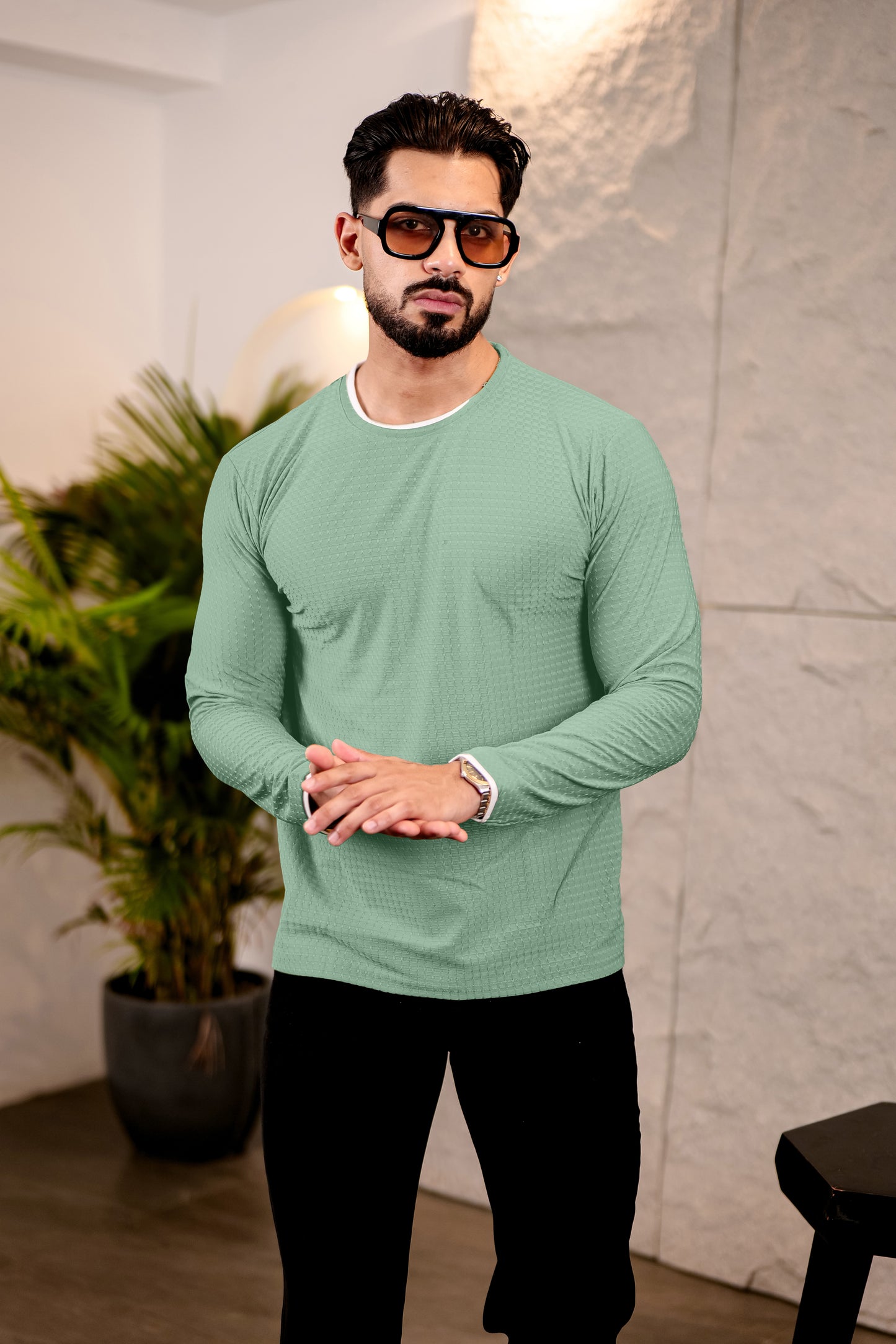 TOM MILTON Mens MGreen Color Round Neck Full Sleeve Tshirt