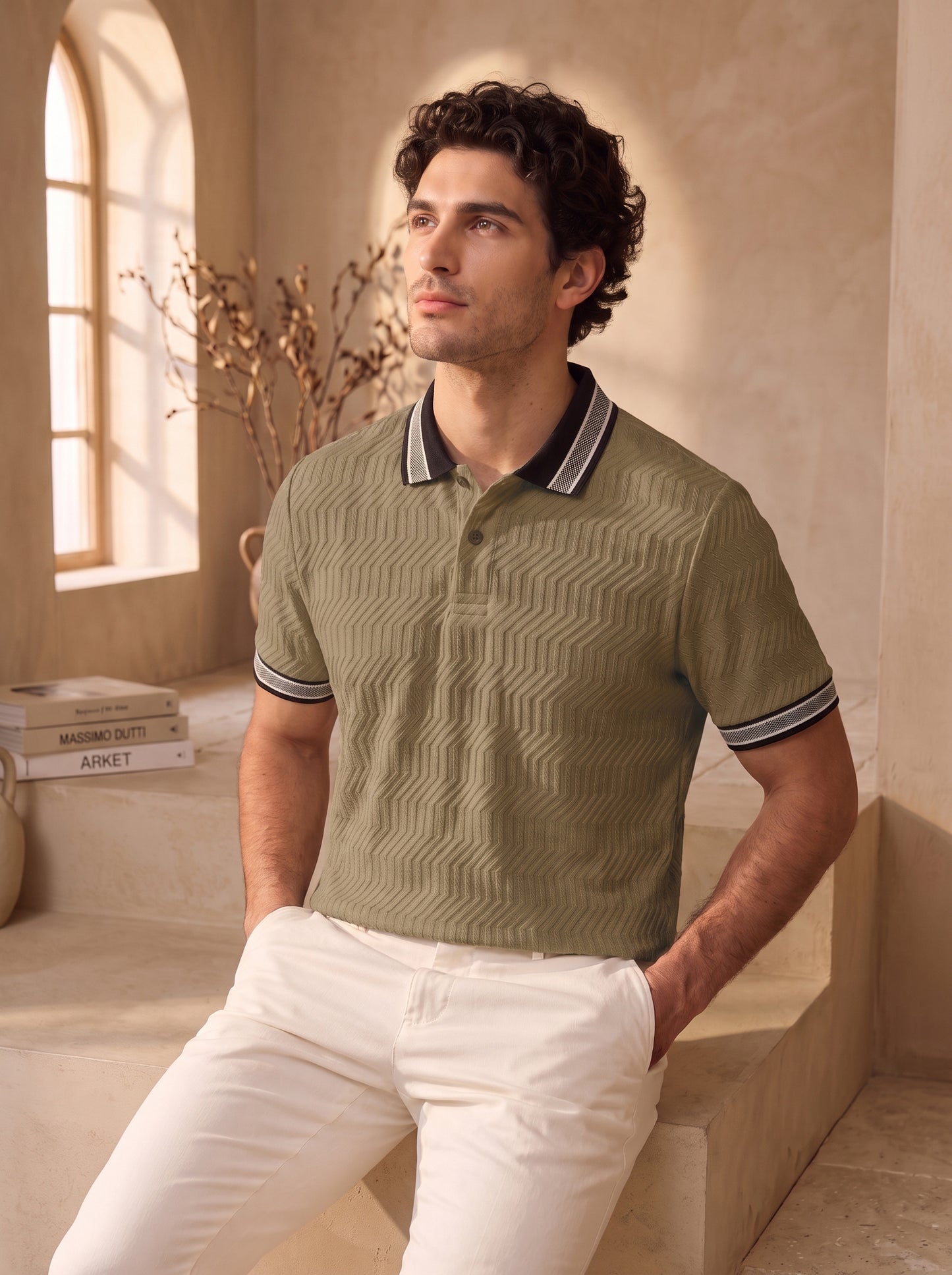 TOM MILTON Men's Textured Polyester Polo T-Shirt Regular Fit Polo Neck Tshirts for Men Dark Cream