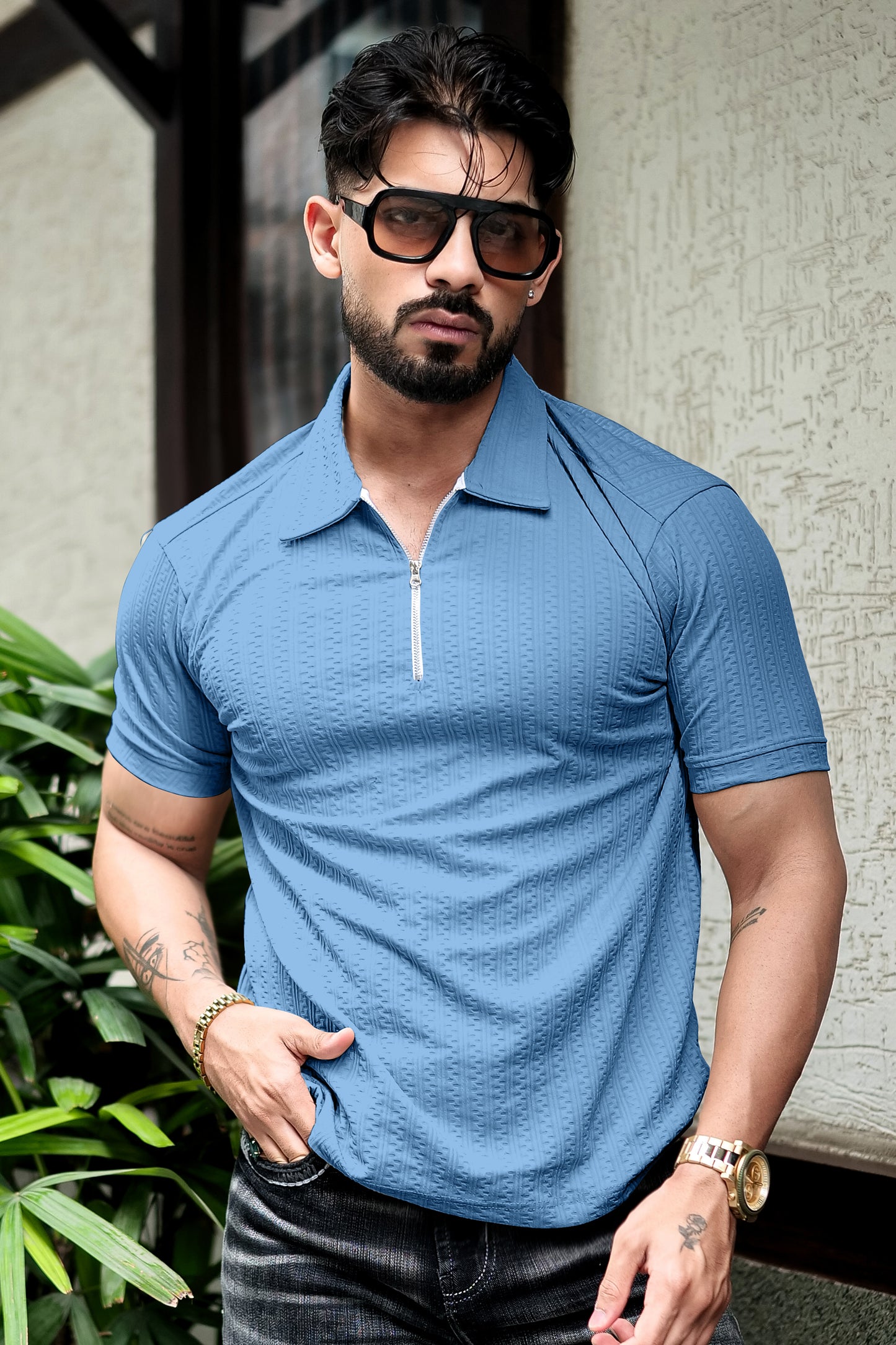 TOM MILTON Light Blue Color  textured Zipper Polo Collar Polyester  T-shirt