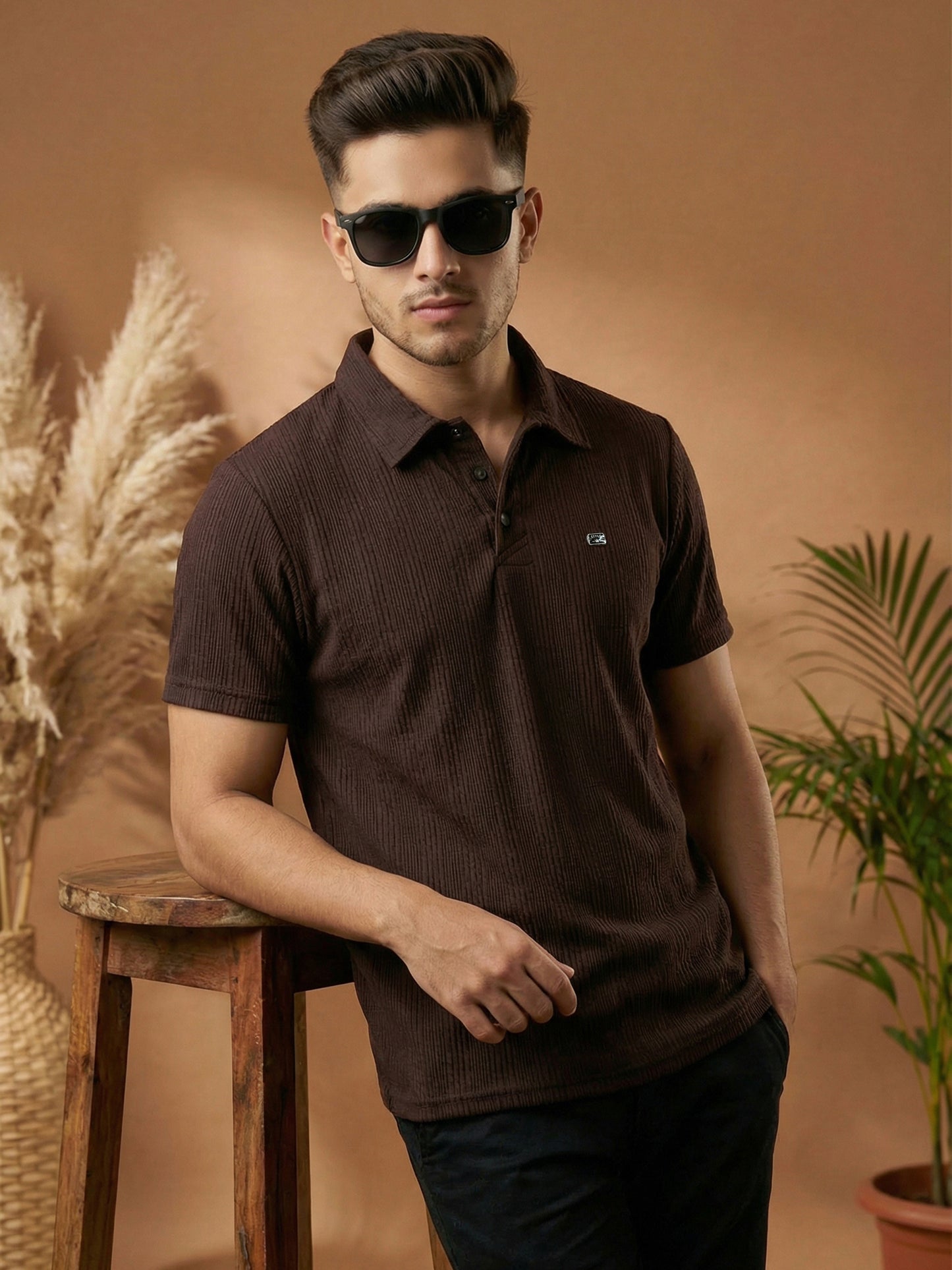 TOM MILTON Men Brown Color Half Sleeve Snap Button Polo Tshirt