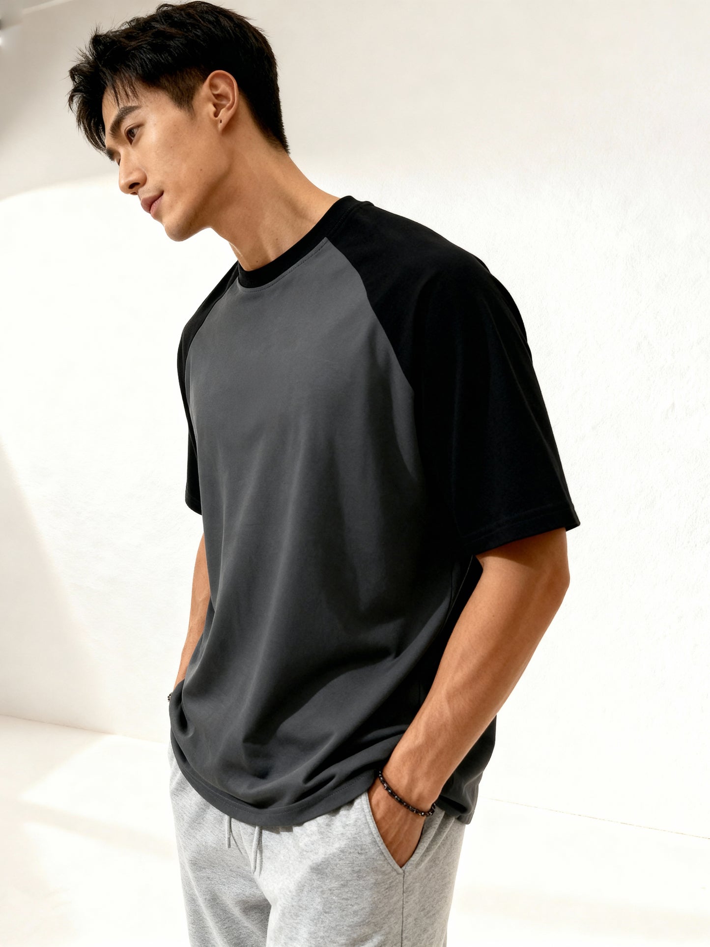 TOM MILTON Men's Grey Raglan Sleeve Round Neck T-Shirt for Men