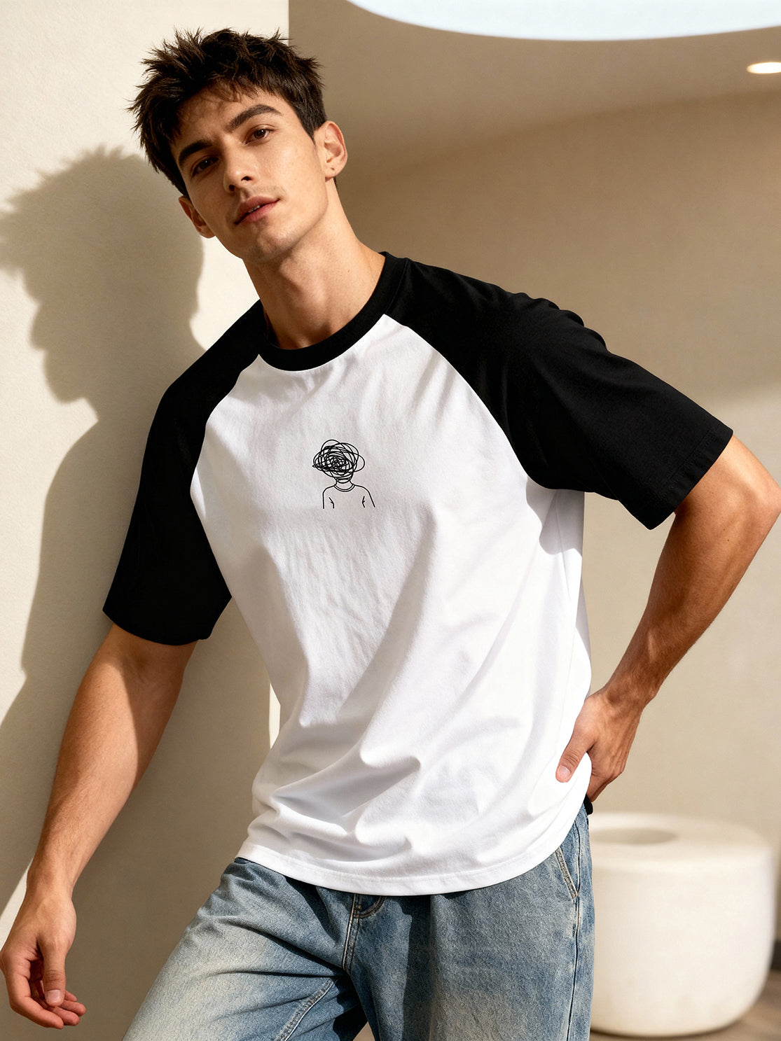 TOM MILTON Men's White Raglan Sleeve Round Neck T-Shirt for Men