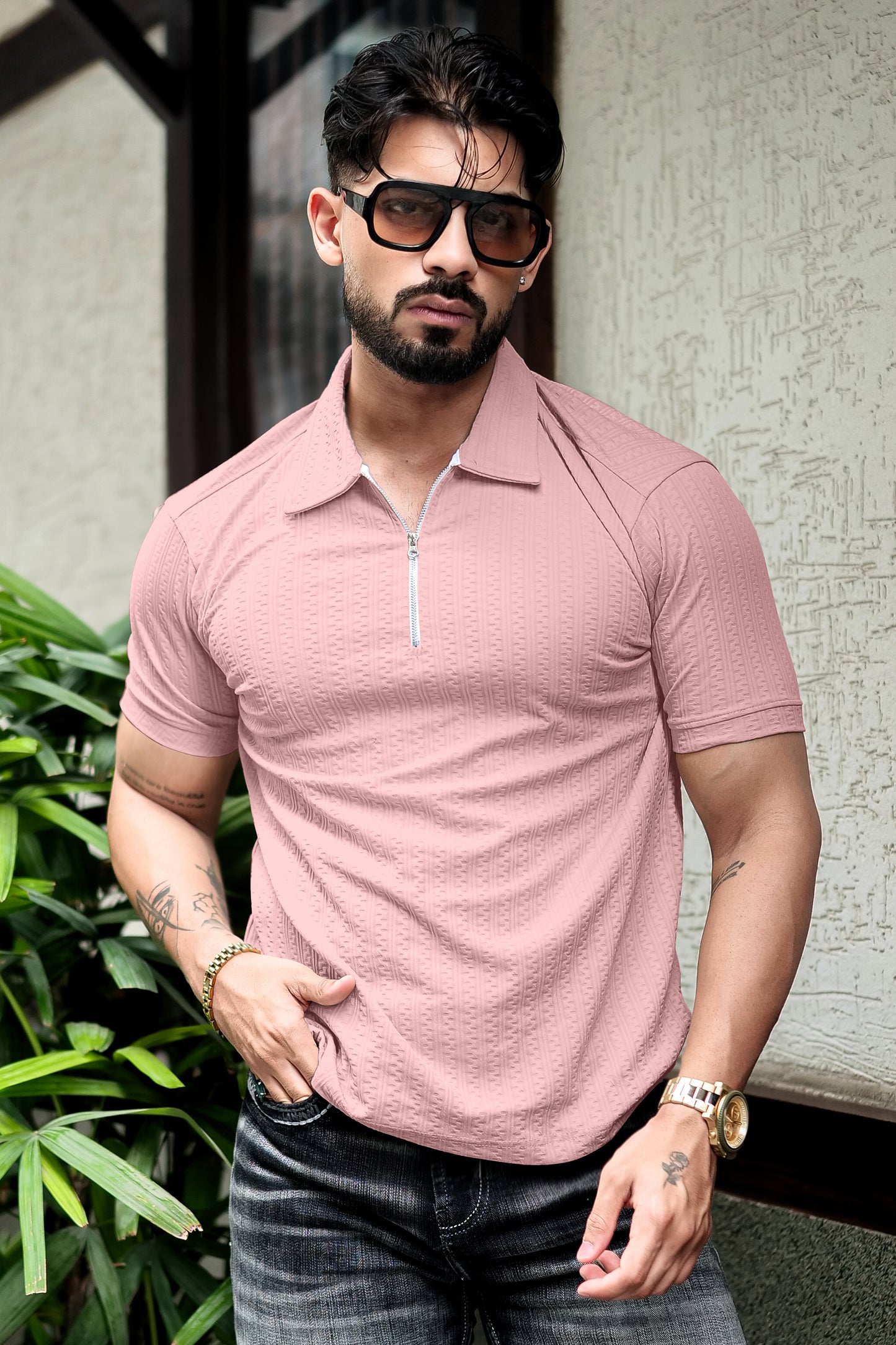 TOM MILTON Light Pink Color textured Polo Collar Polyester  T-shirt
