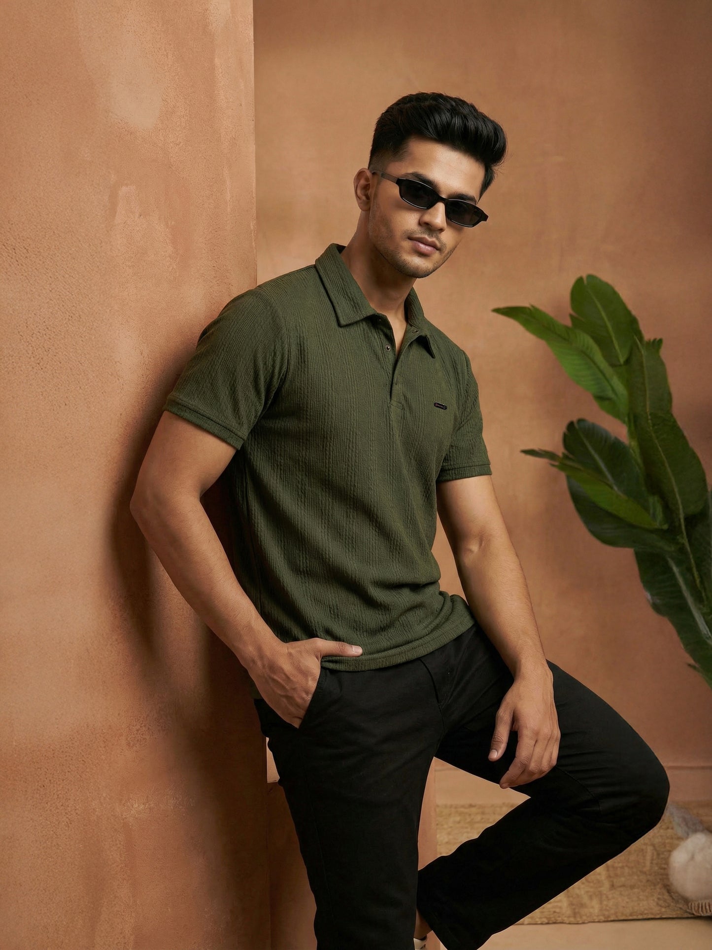 TOM MILTON Men Olive Green Color Half Sleeve Snap Button Polo Tshirt