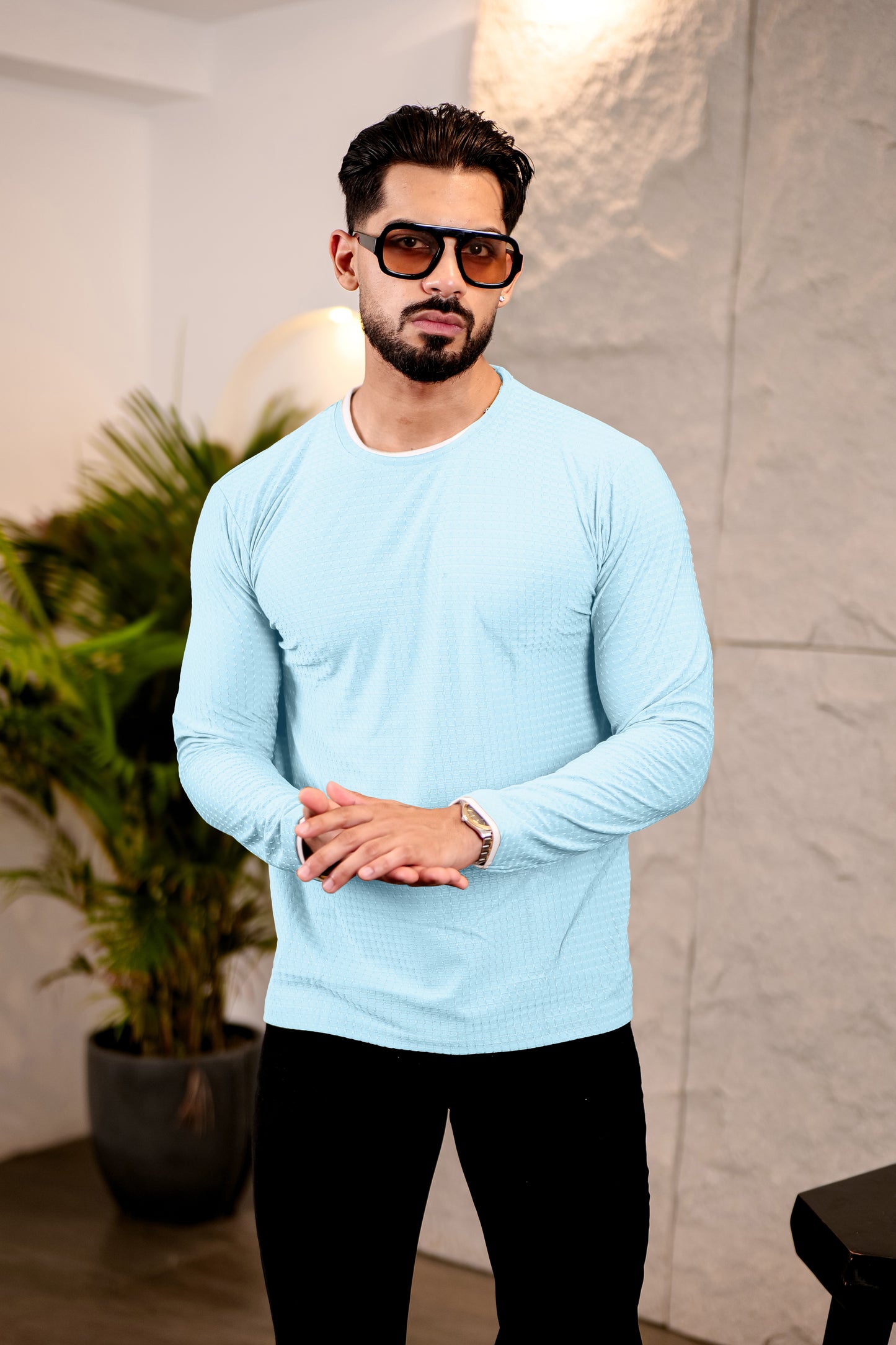 TOM MILTON Mens Light Blue Color Round Neck Full Sleeve Tshirt