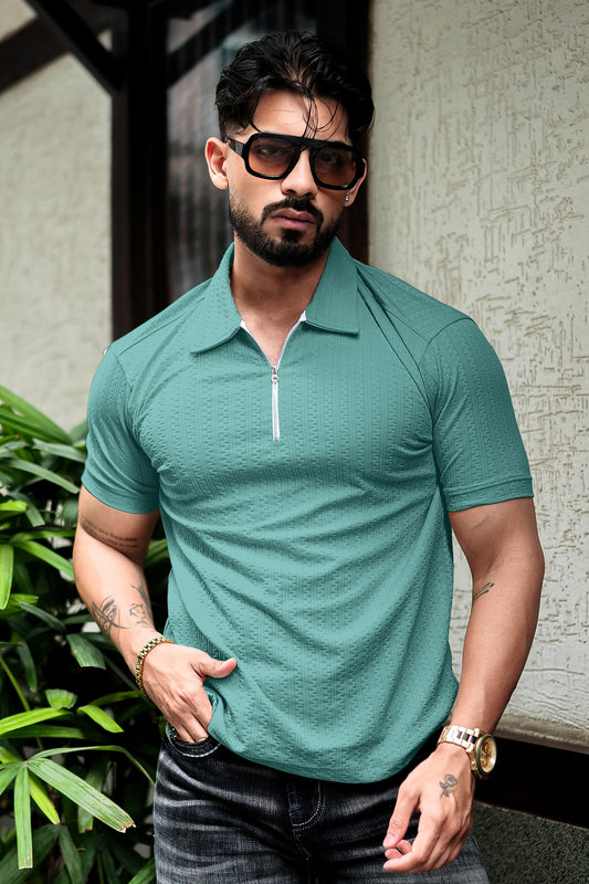 TOM MILTON Aqua Green Color  textured Zipper Polo Collar Polyester  T-shirt