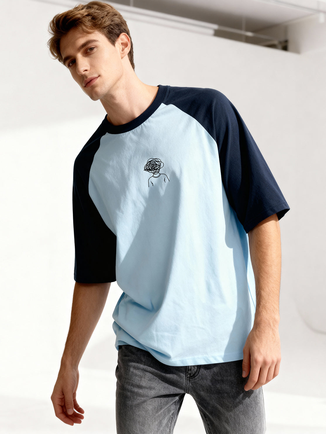 TOM MILTON Men's Blue Raglan Sleeve Round Neck T-Shirt for Men