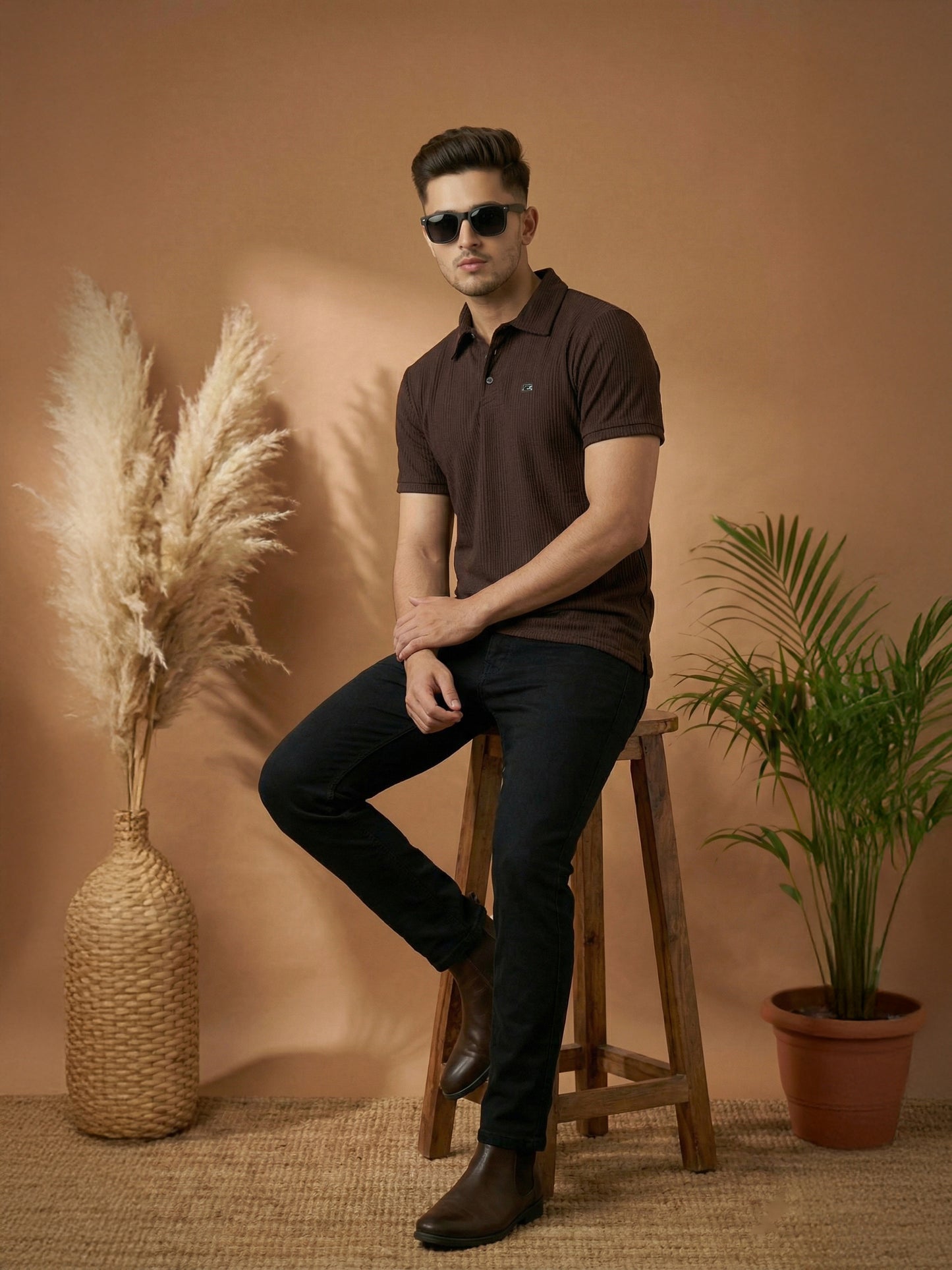 TOM MILTON Men Brown Color Half Sleeve Snap Button Polo Tshirt