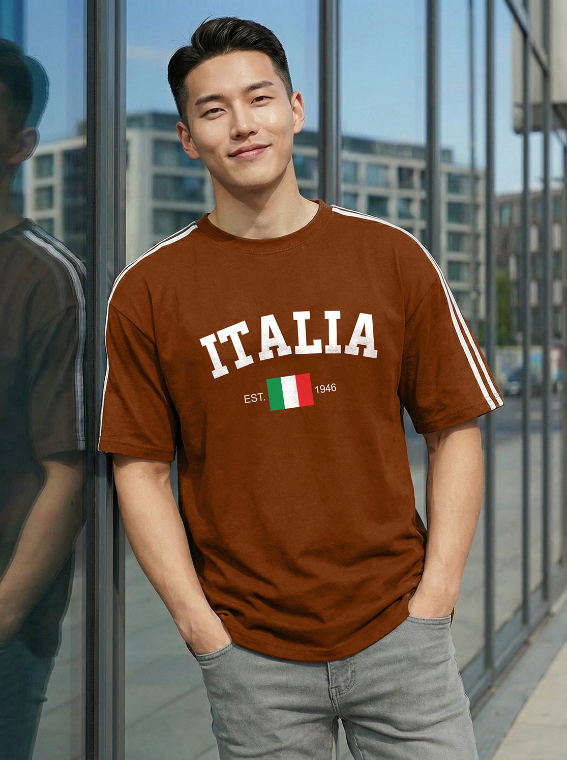 TOM MILTON Men Brown Color Round Neck Half Sleeve Net Folding Oversiozed Tshirt