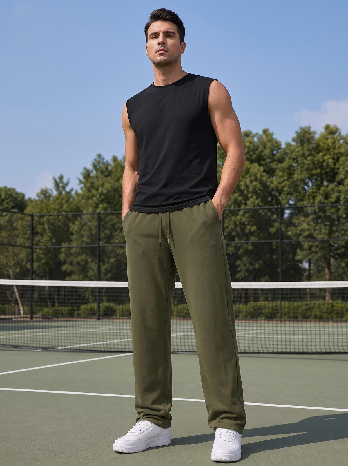 TOM MILTON Men Olive Green Solid Mid-Rise Pure Cotton Baggy Track Pant