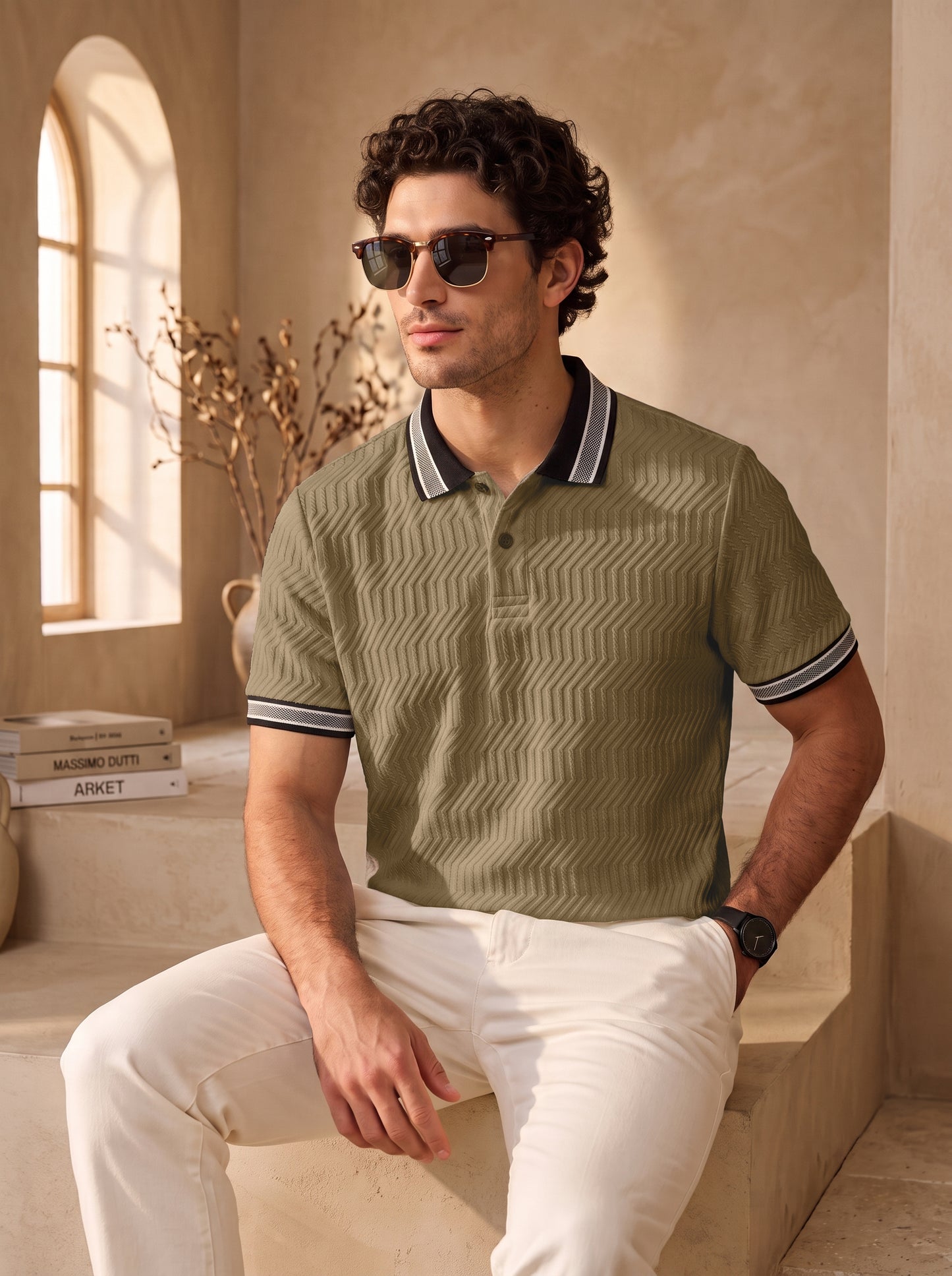 TOM MILTON Men's Textured Polyester Polo T-Shirt Regular Fit Polo Neck Tshirts for Men Dark Cream