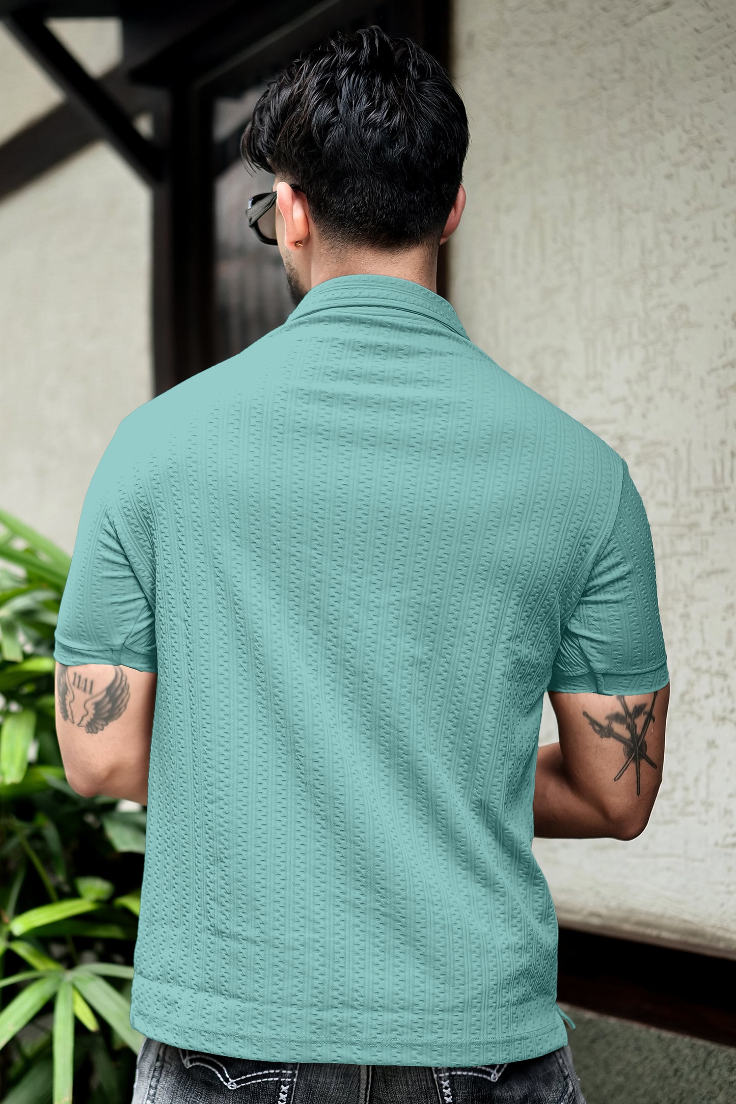 TOM MILTON Aqua Green Color  textured Zipper Polo Collar Polyester  T-shirt