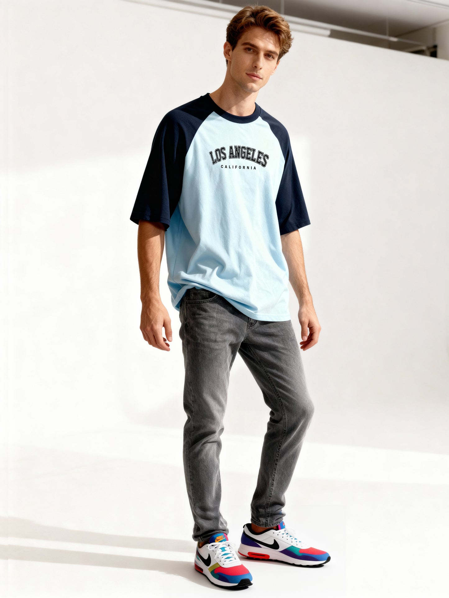 TOM MILTON Men's Blue Raglan Sleeve Round Neck T-Shirt for Men