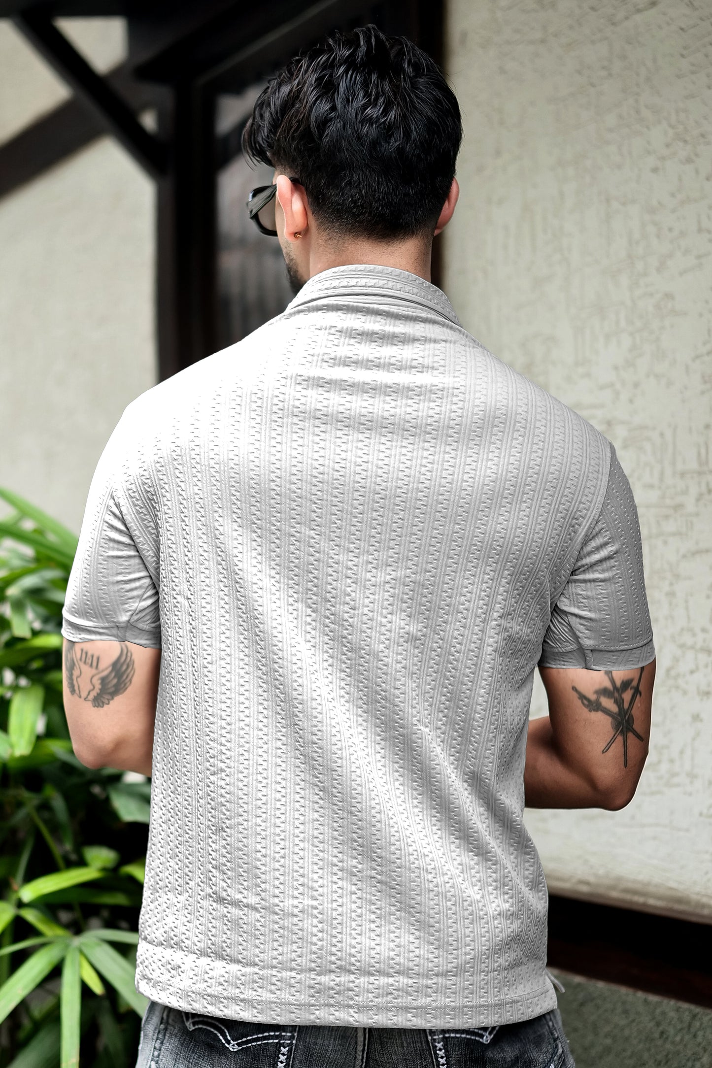 TOM MILTON Grey Color  textured Zipper Polo Collar Polyester  T-shirt
