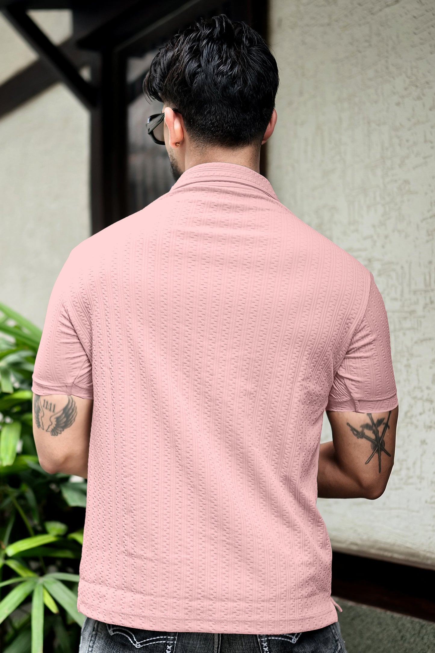 TOM MILTON Light Pink Color textured Polo Collar Polyester  T-shirt