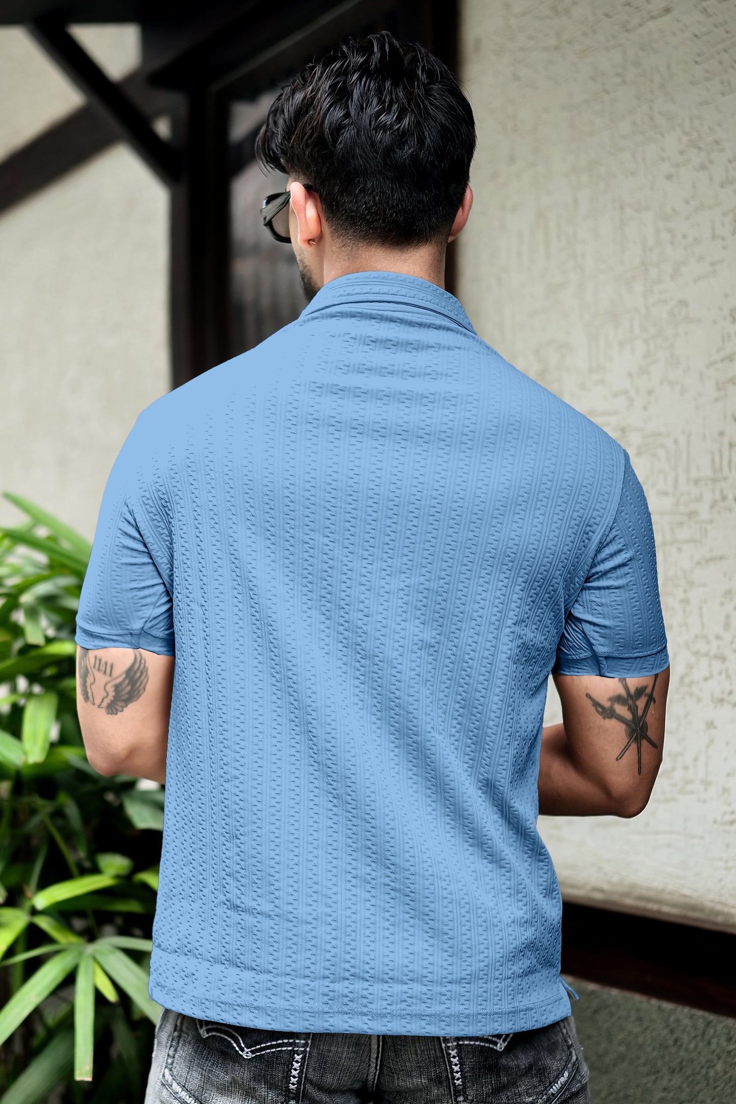 TOM MILTON Light Blue Color  textured Zipper Polo Collar Polyester  T-shirt