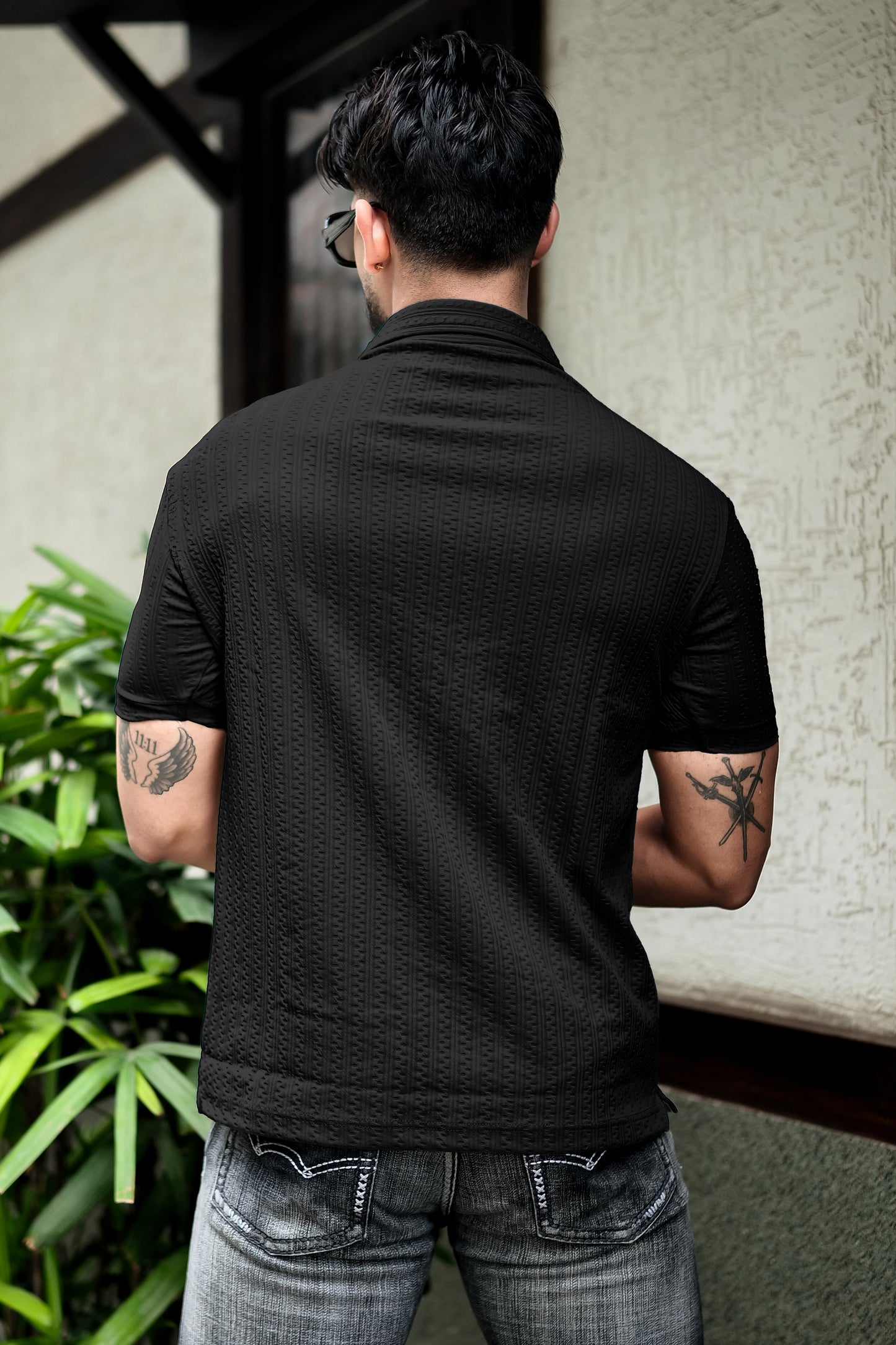 TOM MILTON Black Color  textured Zipper Polo Collar Polyester  T-shirt