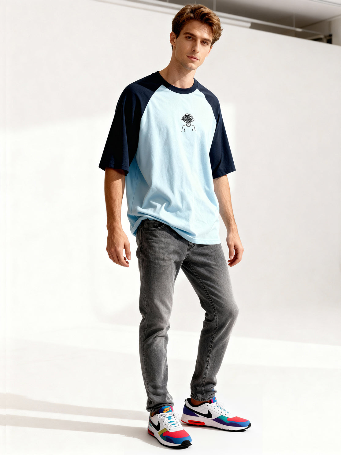 TOM MILTON Men's Blue Raglan Sleeve Round Neck T-Shirt for Men