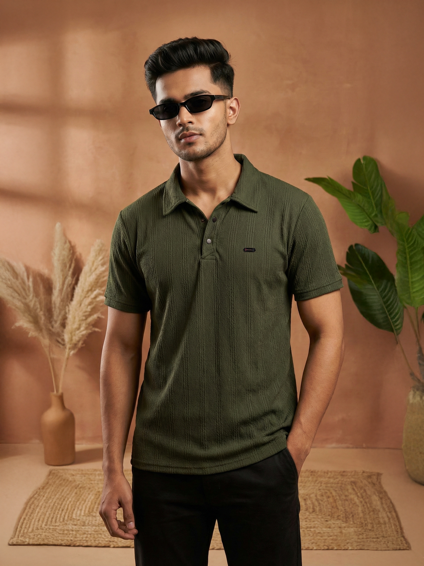 TOM MILTON Men Olive Green Color Half Sleeve Snap Button Polo Tshirt