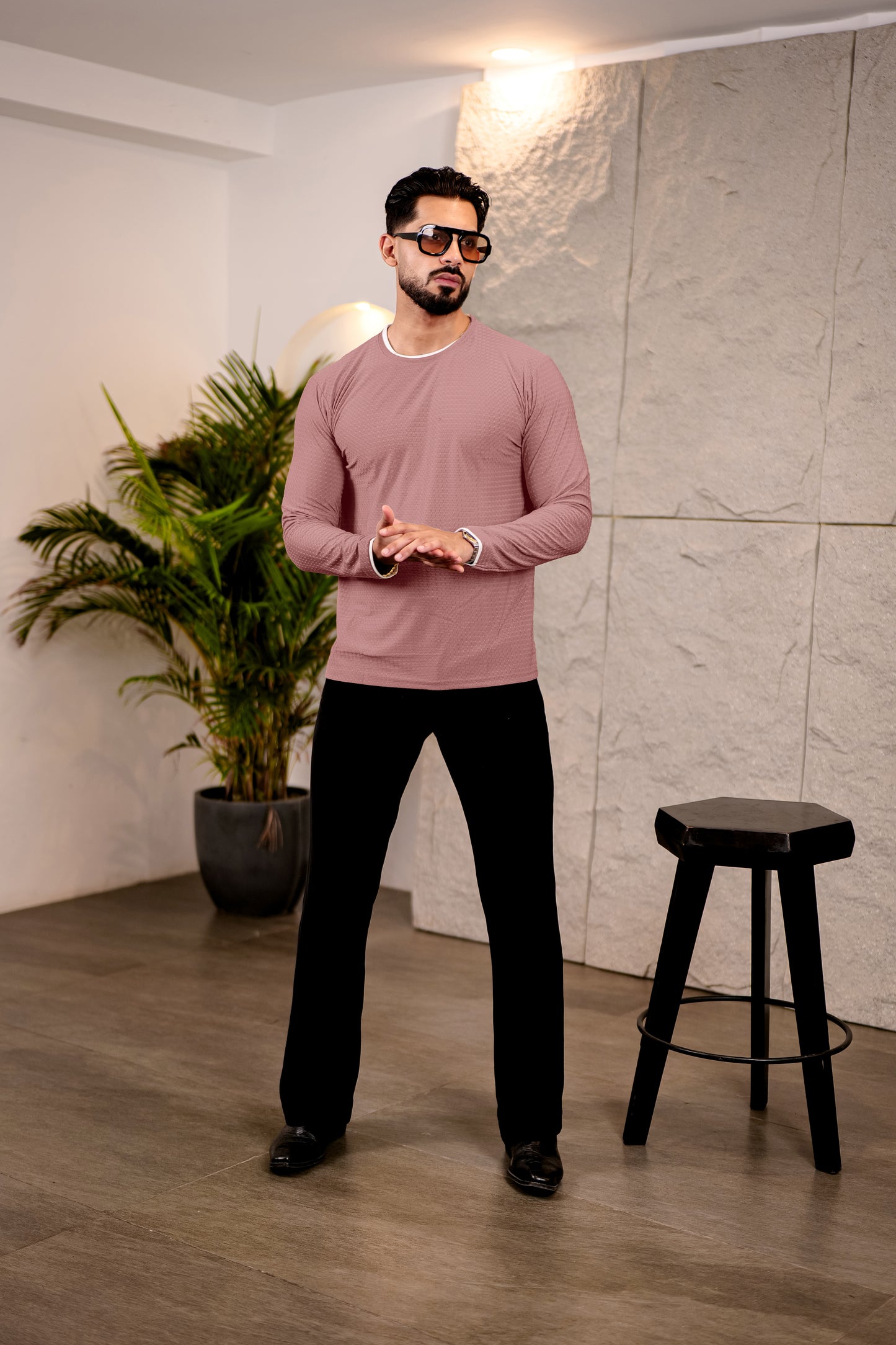TOM MILTON Mens Dark Pink Color Round Neck Full Sleeve Tshirt
