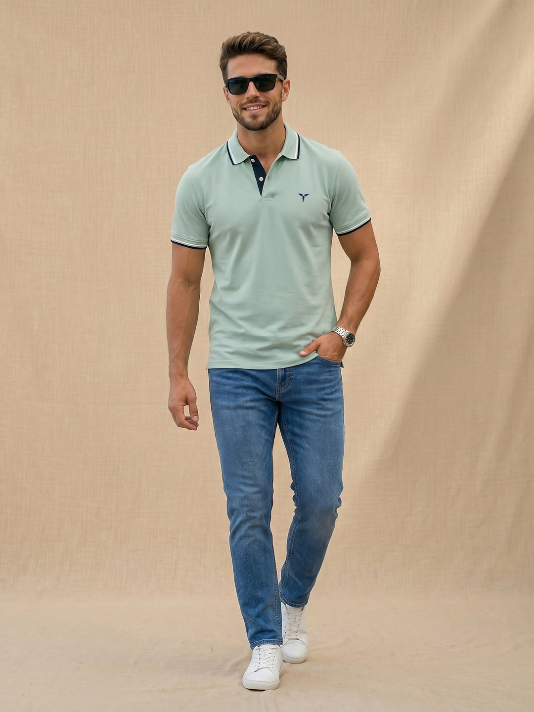 TOM MILTON Men's 100% Cotton Polo T-Shirt – Sage Green | Regular Fit | Soft & Breathable