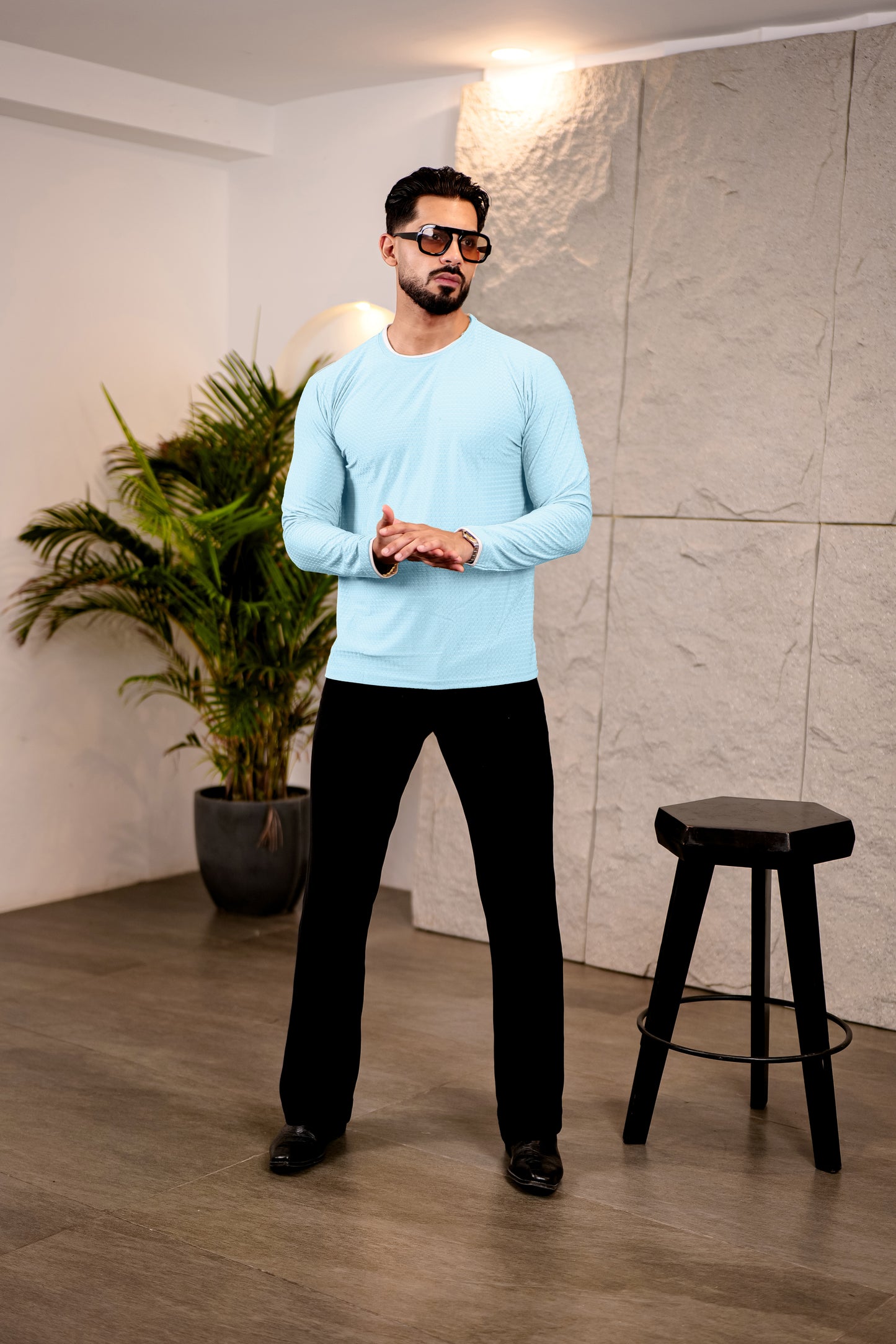 TOM MILTON Mens Light Blue Color Round Neck Full Sleeve Tshirt