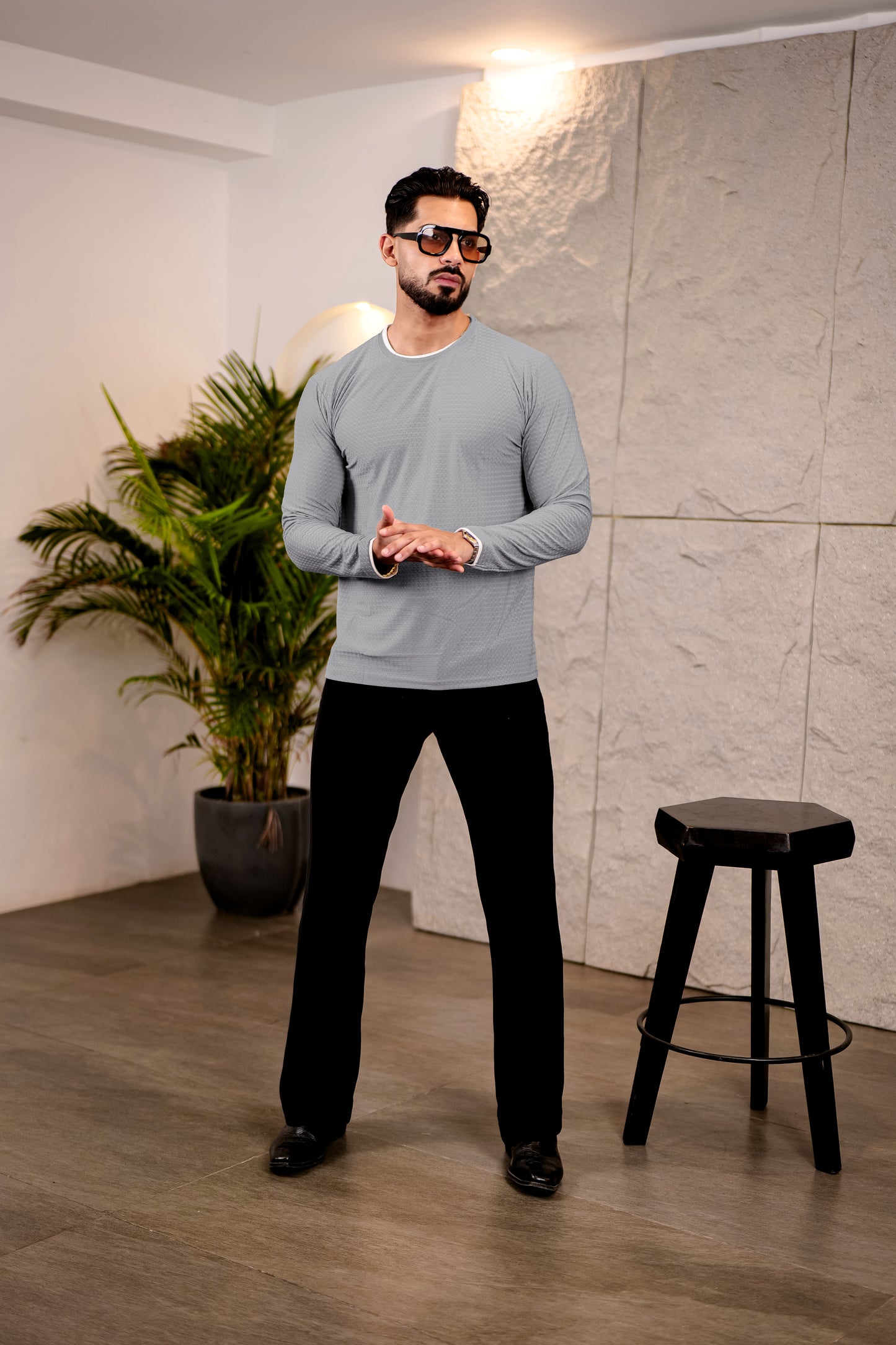 TOM MILTON Mens Grey Color Round Neck Full Sleeve Tshirt