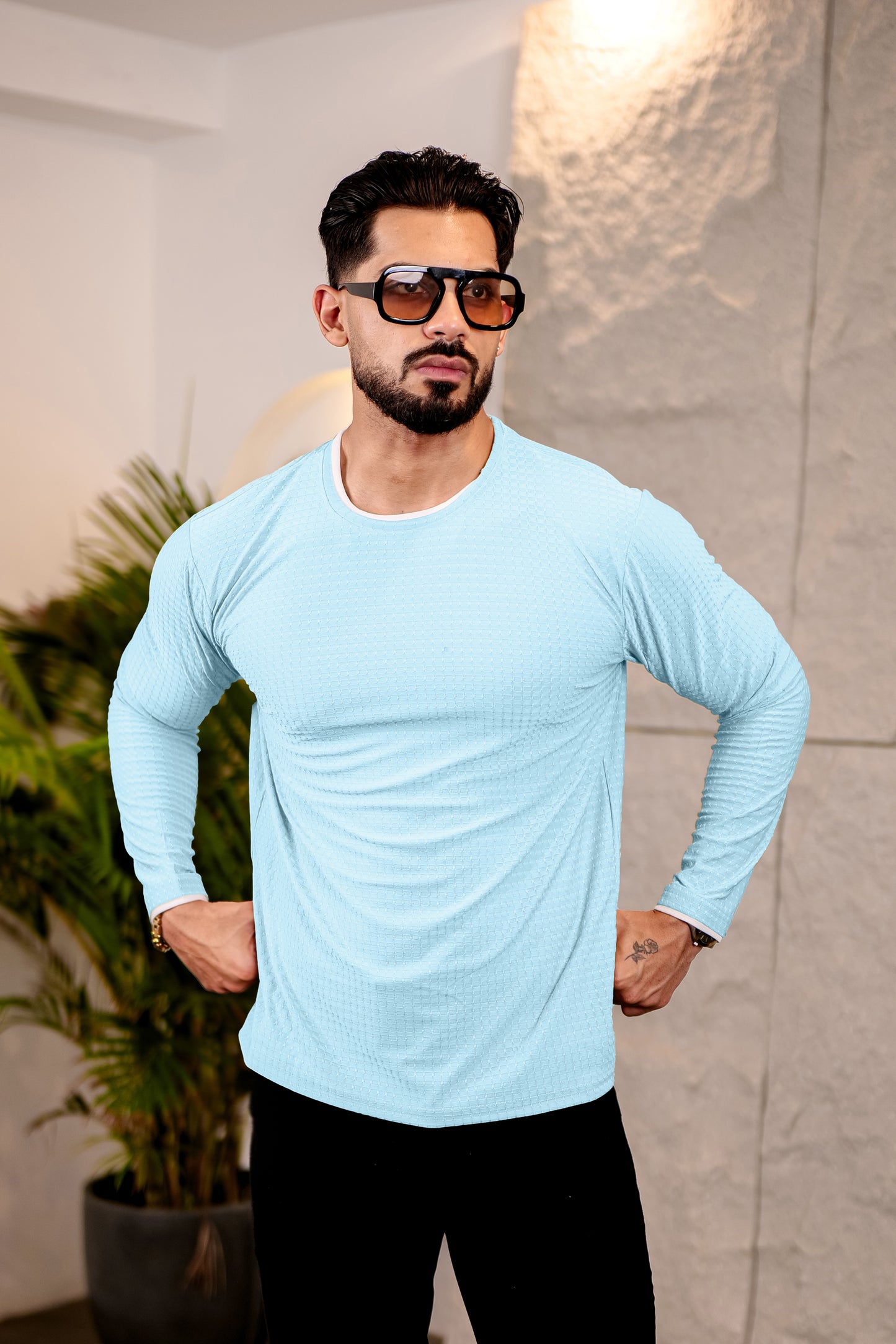 TOM MILTON Mens Light Blue Color Round Neck Full Sleeve Tshirt