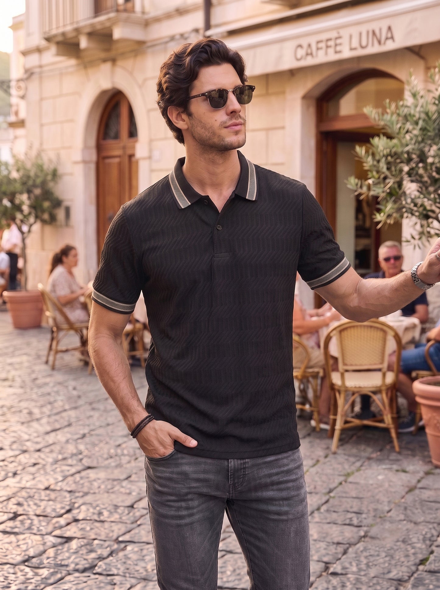TOM MILTON Men's Textured Polyester Polo T-Shirt Regular Fit Polo Neck Tshirts for Men Black