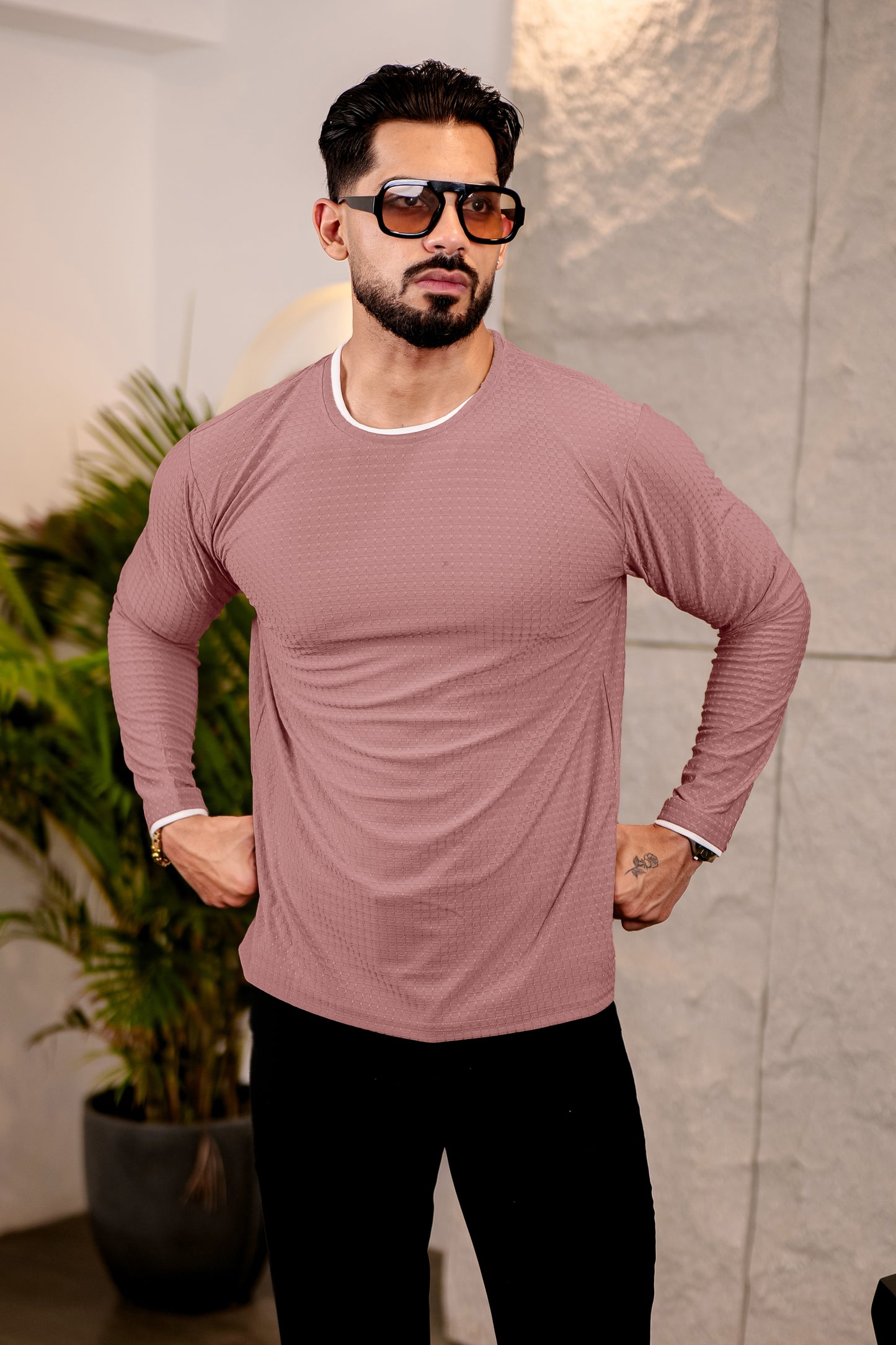 TOM MILTON Mens Dark Pink Color Round Neck Full Sleeve Tshirt