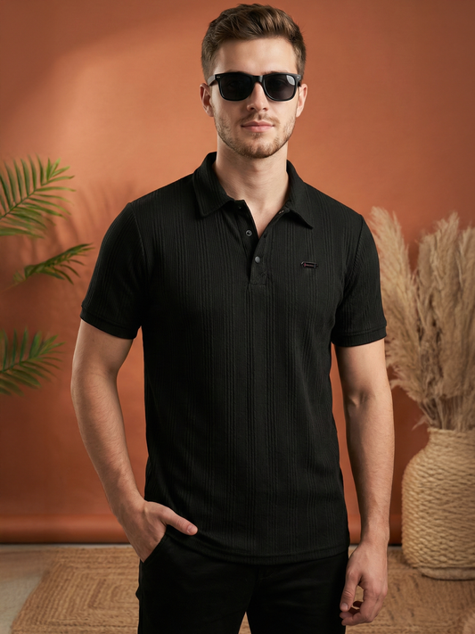 TOM MILTON Men Black Color Half Sleeve Snap Button Polo Tshirt