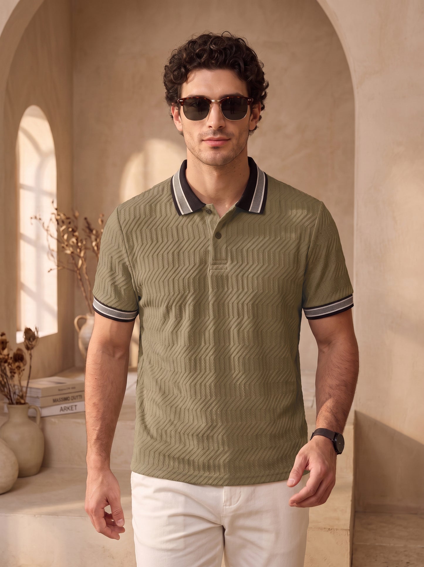 TOM MILTON Men's Textured Polyester Polo T-Shirt Regular Fit Polo Neck Tshirts for Men Dark Cream